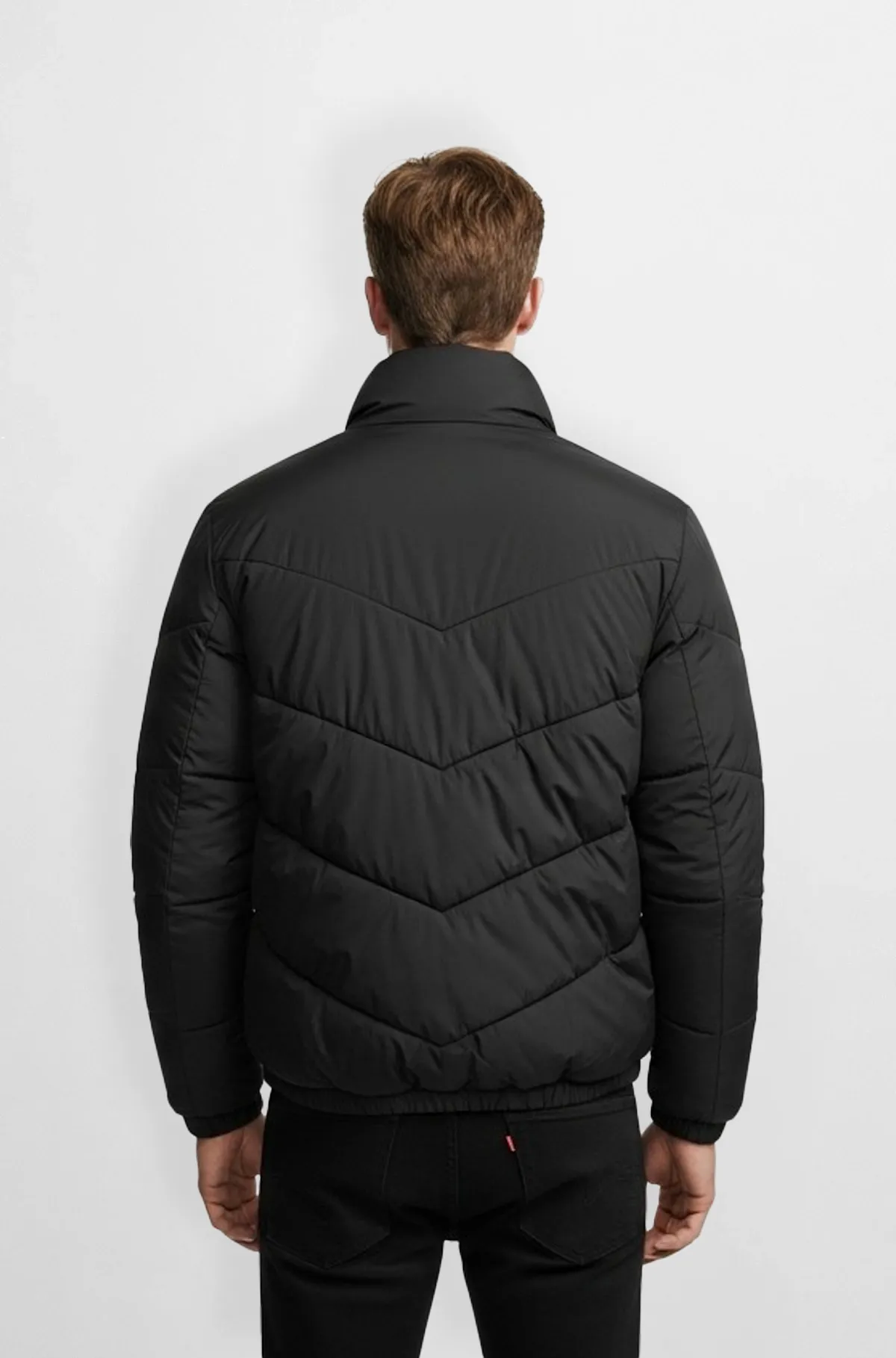 Chevron Stitch Black Leather Puffer Jacket