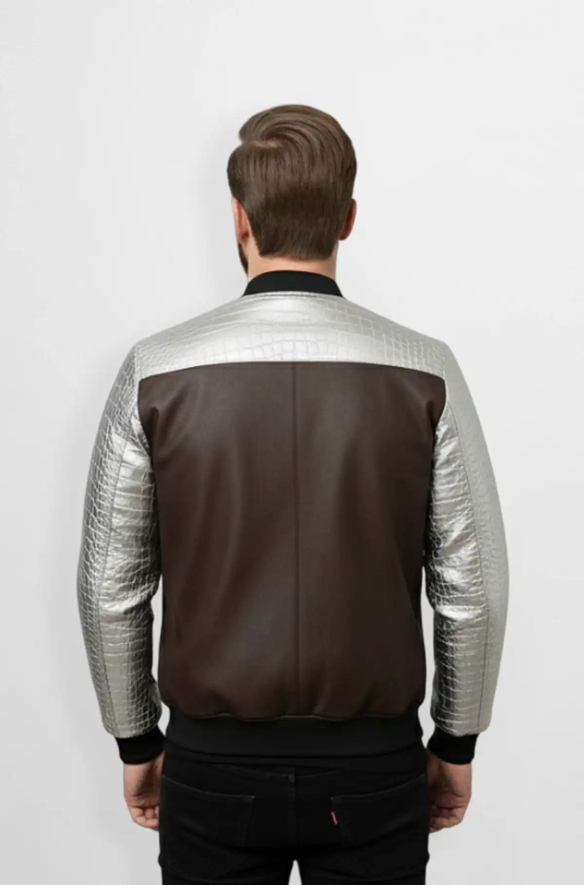 Chocolate Brown Crocodile Leather Bomber Jacket