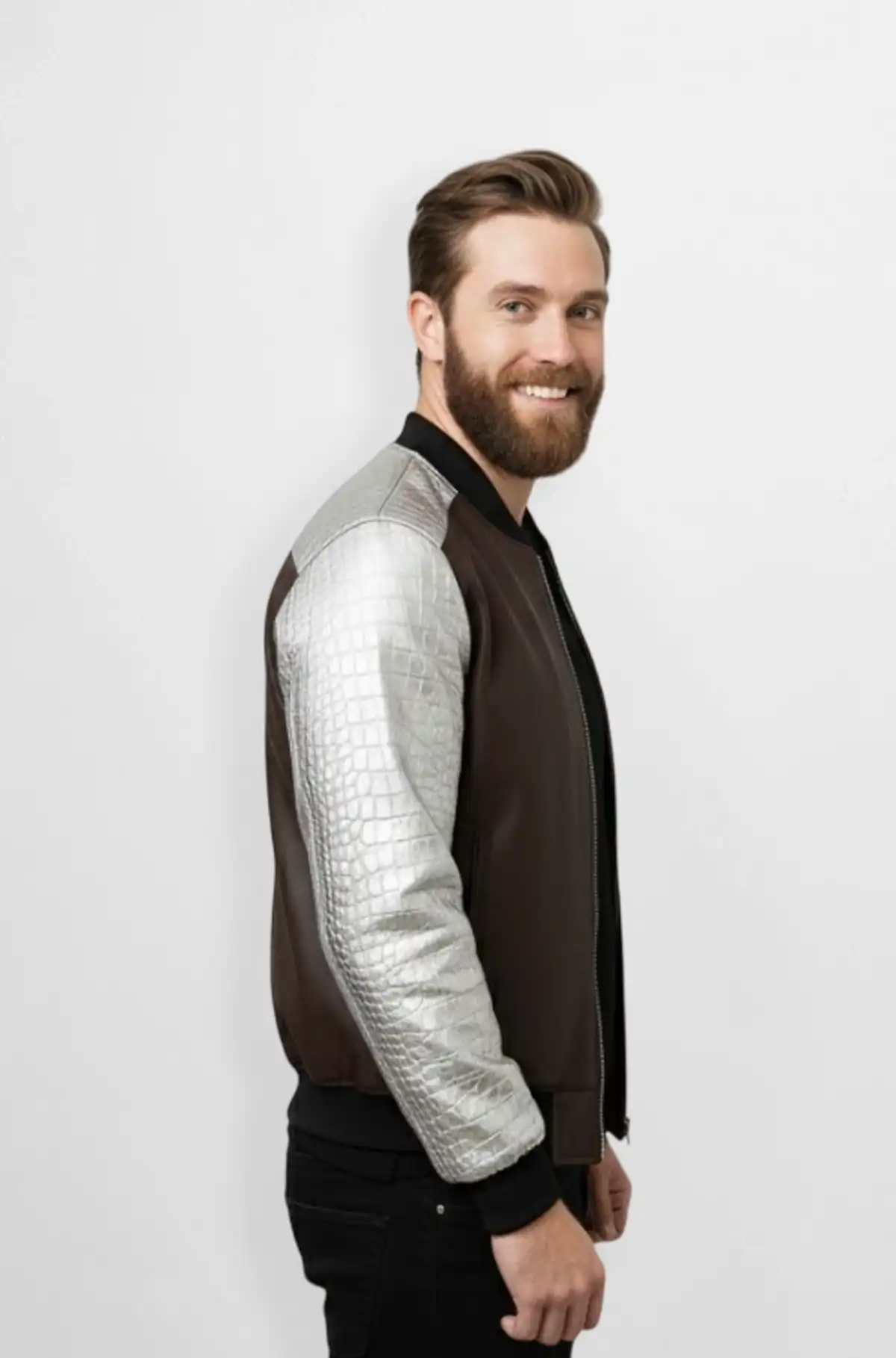 Chocolate Brown Crocodile Leather Bomber Jacket