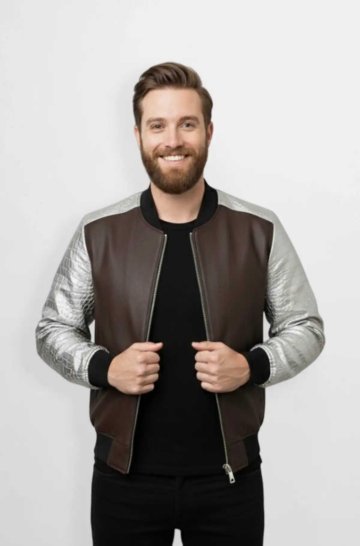 Chocolate Brown Crocodile Leather Bomber Jacket
