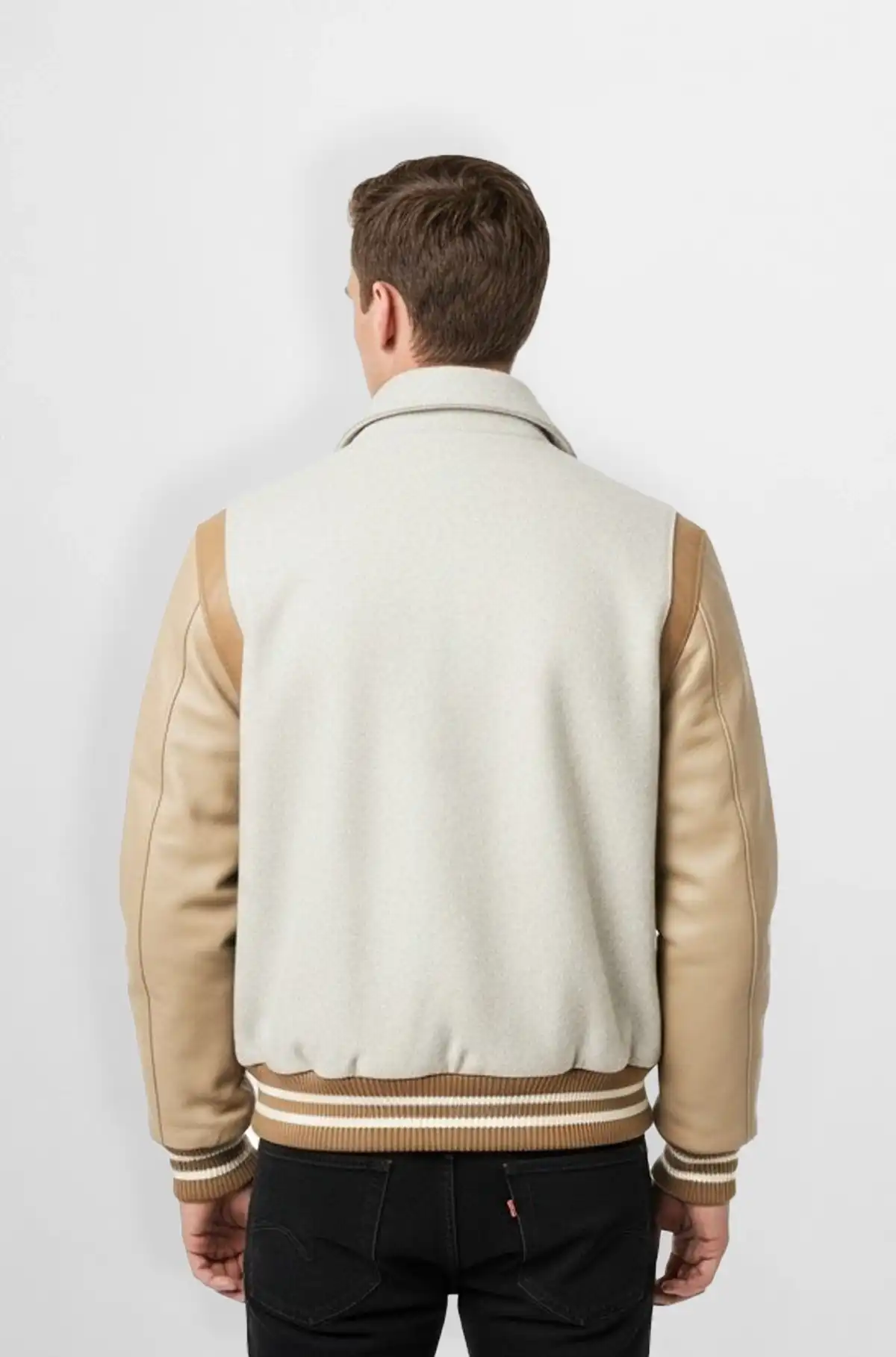 Classic Beige Wool Leather Varsity Jacket