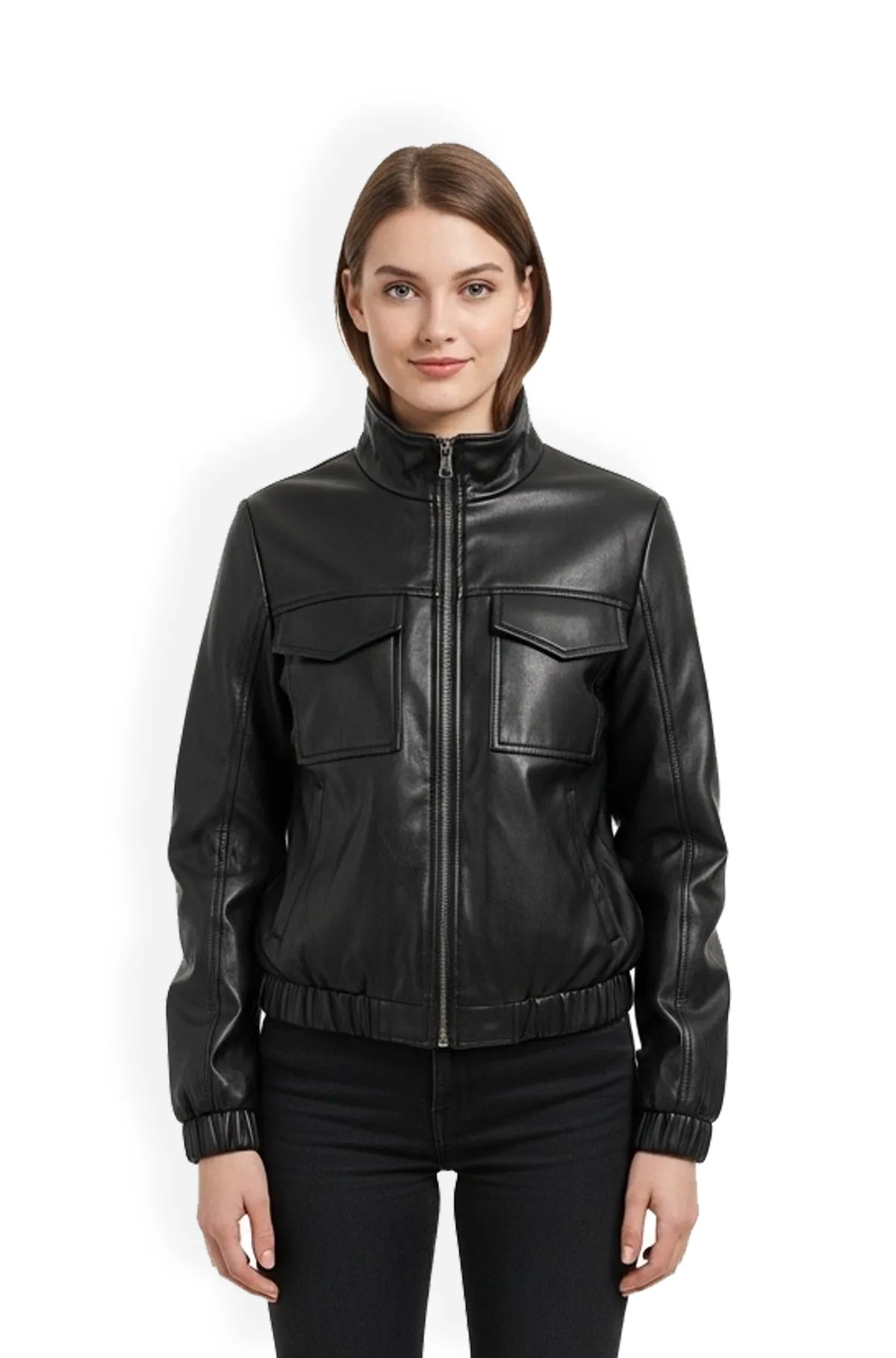 Classic Black Leather Bomber Jacket