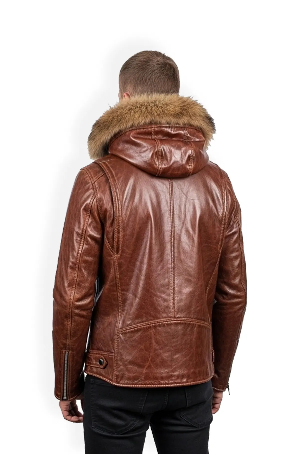  Classic Brown Shearling Fur Hooded Leather Jacket