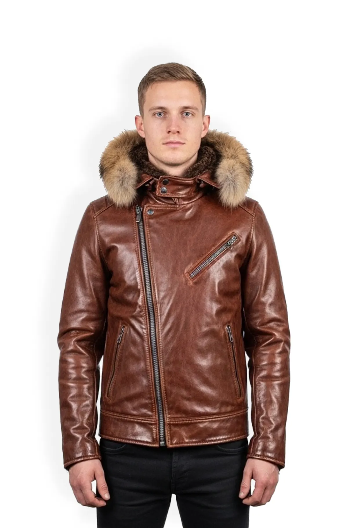  Classic Brown Shearling Fur Hooded Leather Jacket