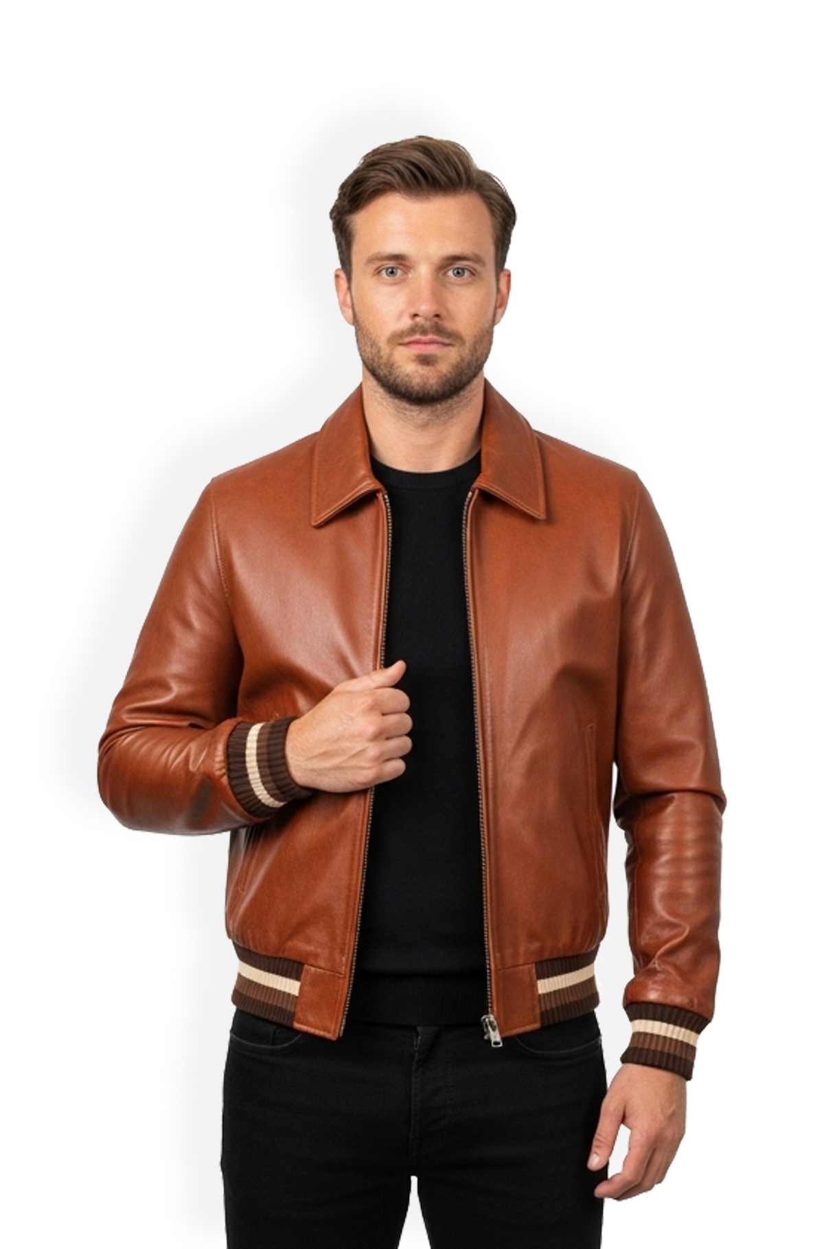 Classic Cognac Brown Bomber Leather Jacket