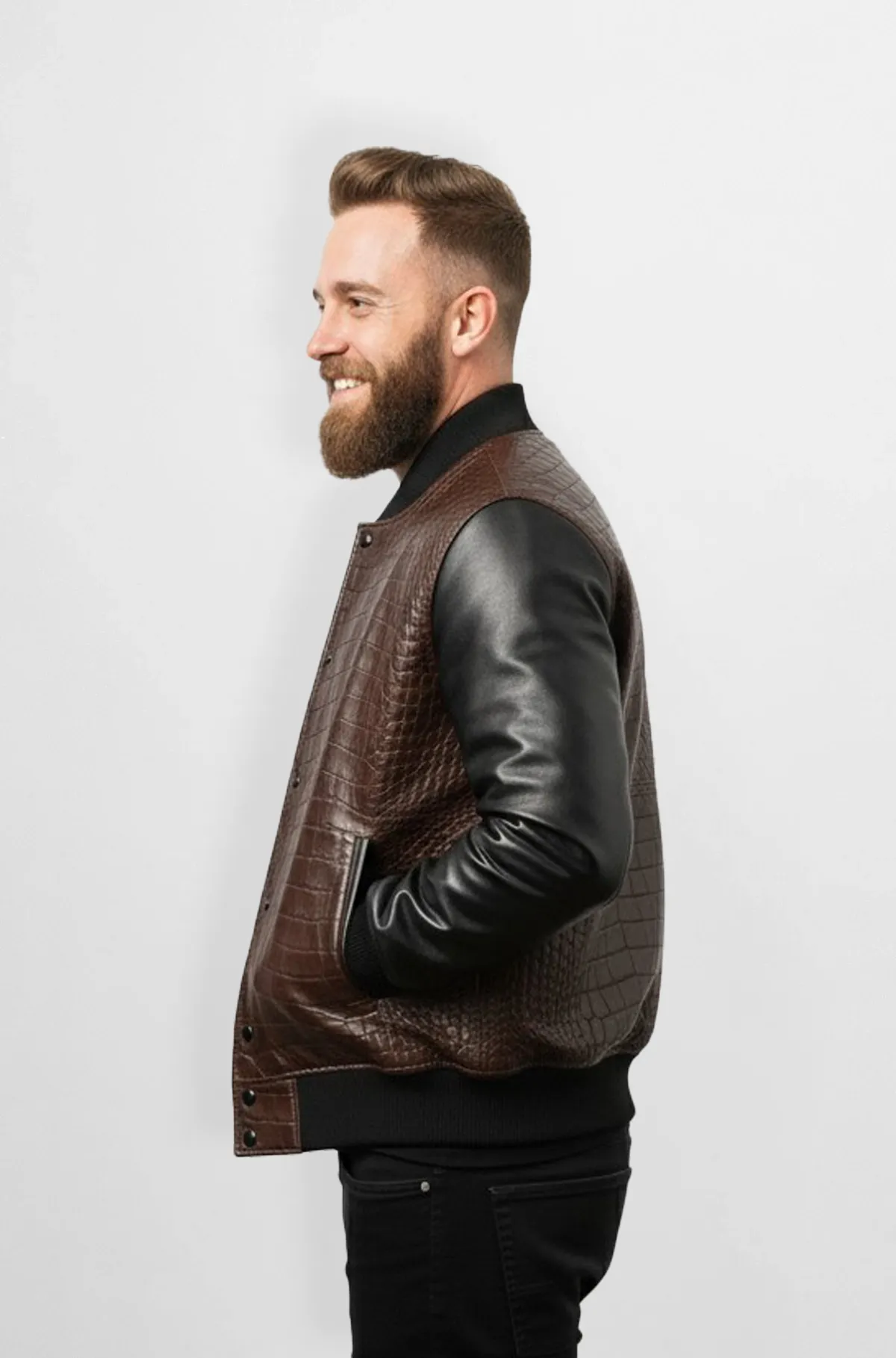 Classic Dark Brown Crocodile Leather Bomber Jacket