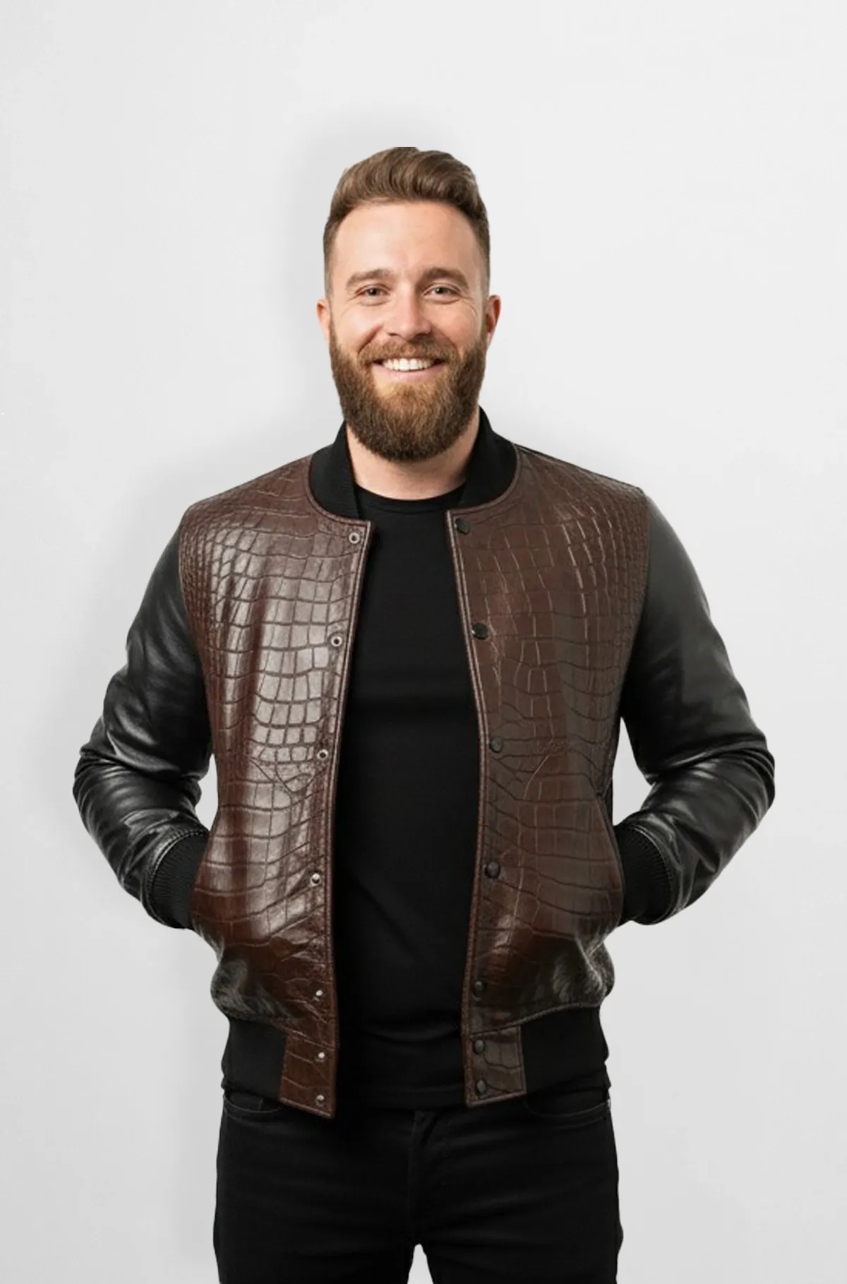 Classic Dark Brown Crocodile Leather Bomber Jacket