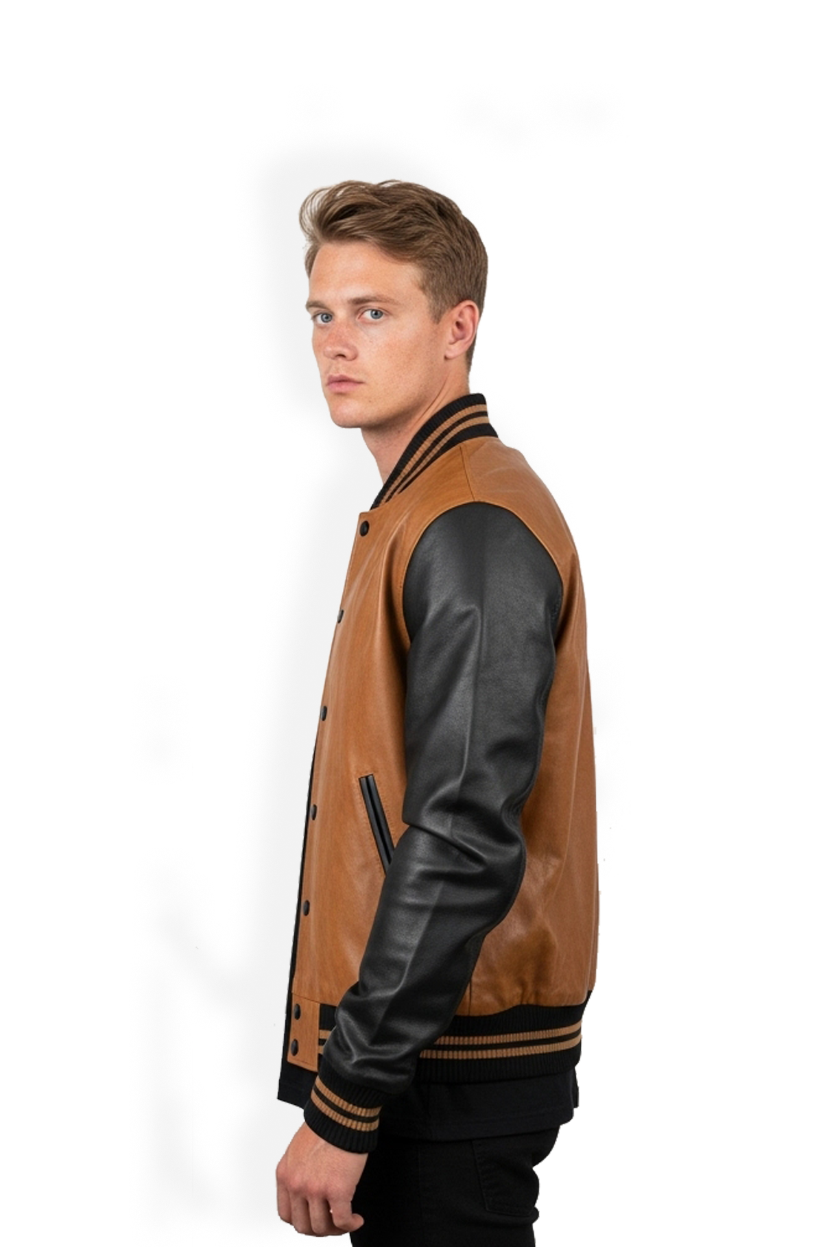 Classic Edge Tan Black Varsity Leather Jacket