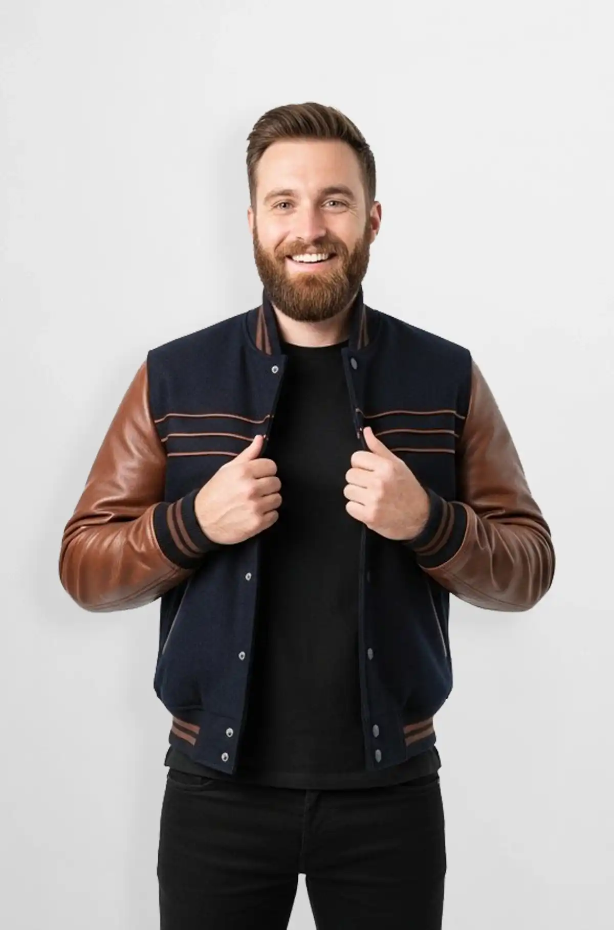 Classic Navy Blue And Brown Varsity Leather Jacket