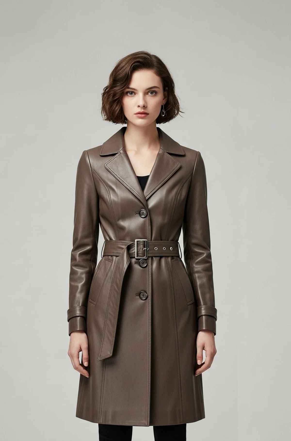 Coffee Brown Leather Trench Coat