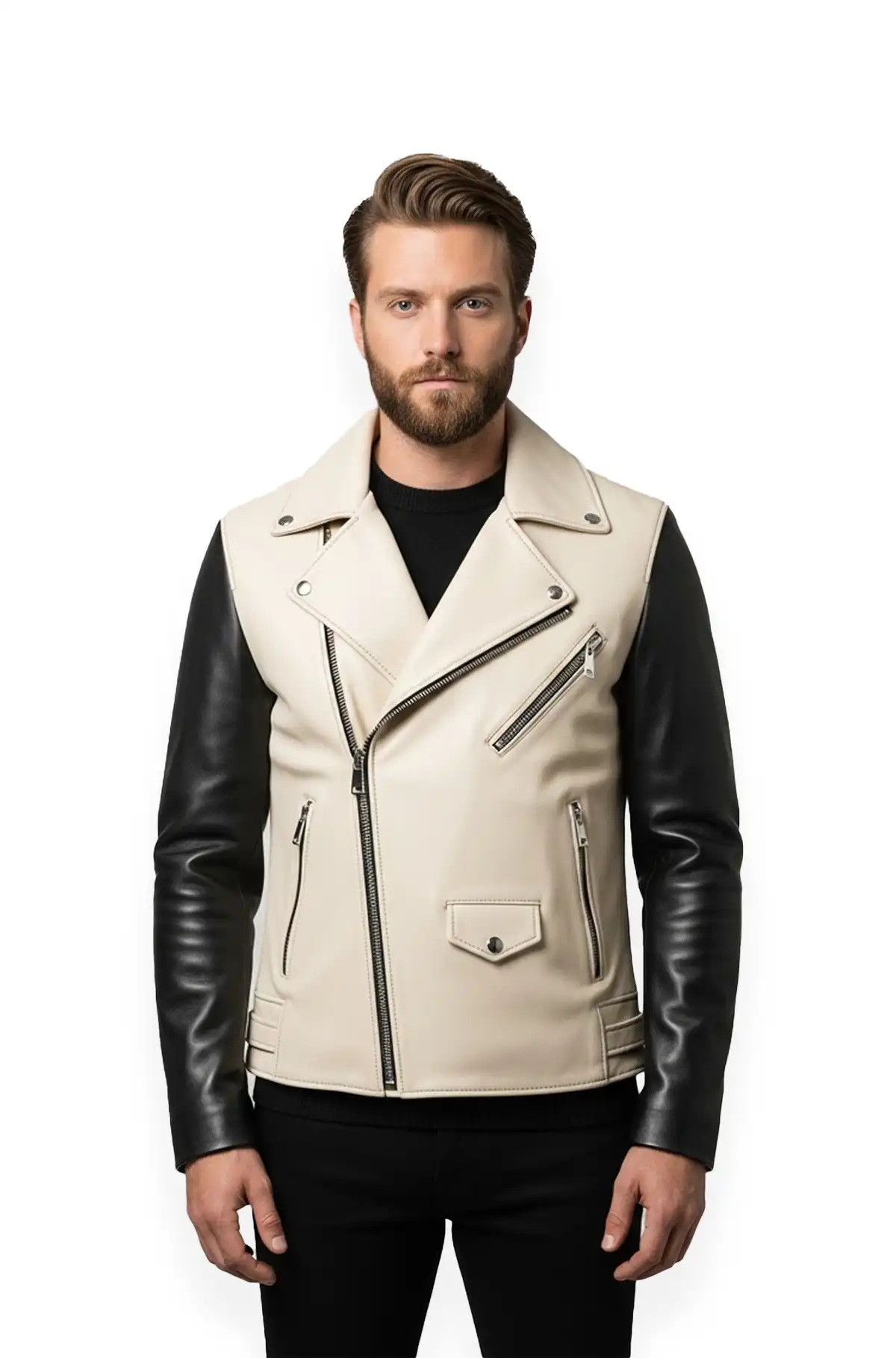 Cream And Black Leather Moto Jacket