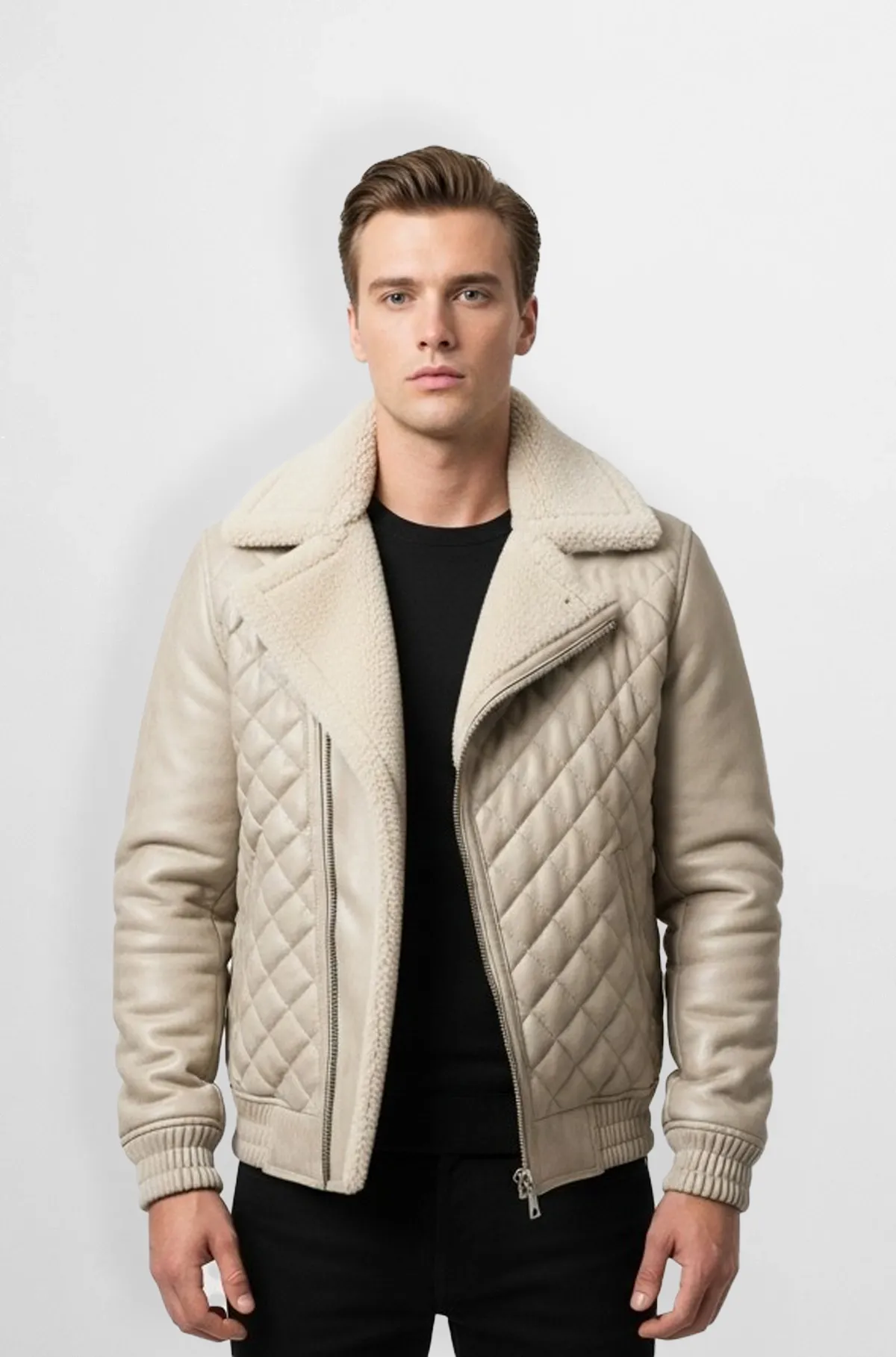 Cream Quilted Shearling Leather Bomber Jacket