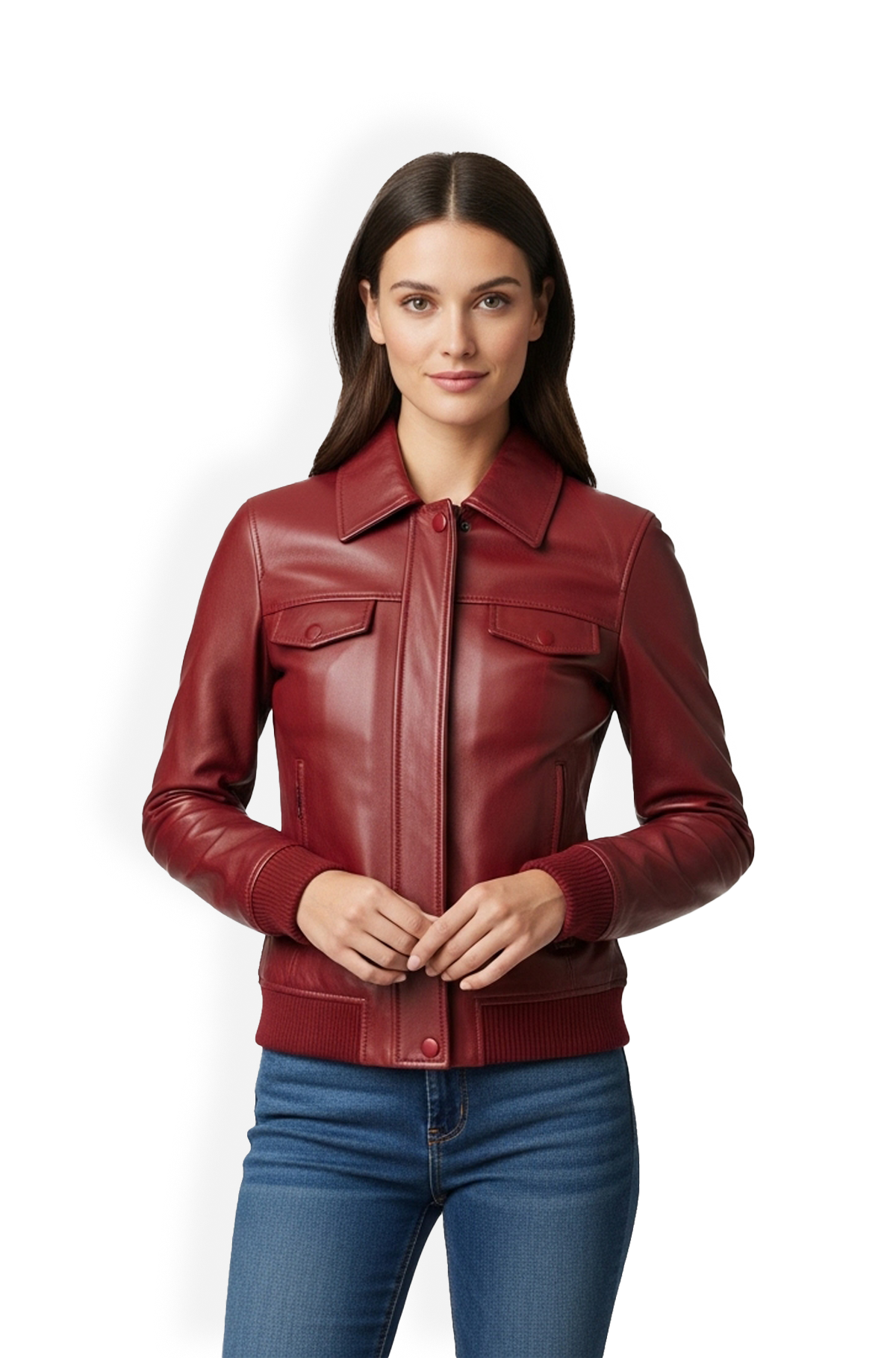 Crimson Charm Bomber Leather Jacket