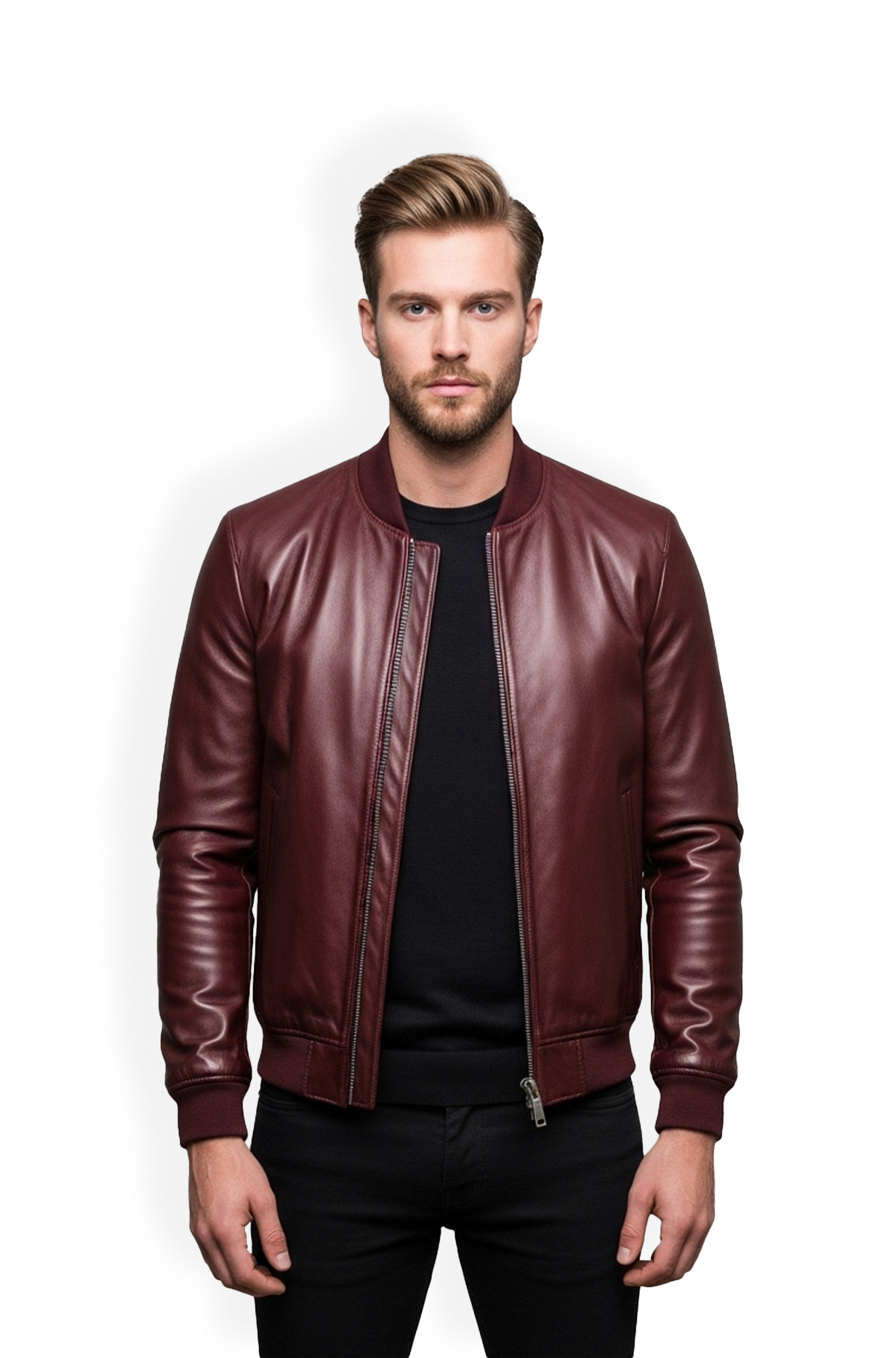 Crimson Crest Mens Maroon Leather Bomber Jacket