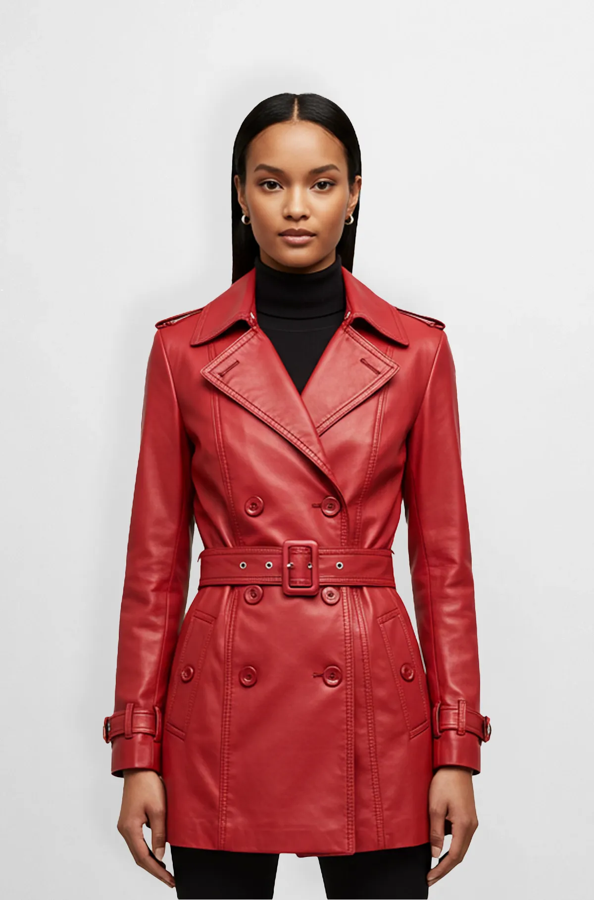 Crimson Red Double Breasted Leather Trench Coat
