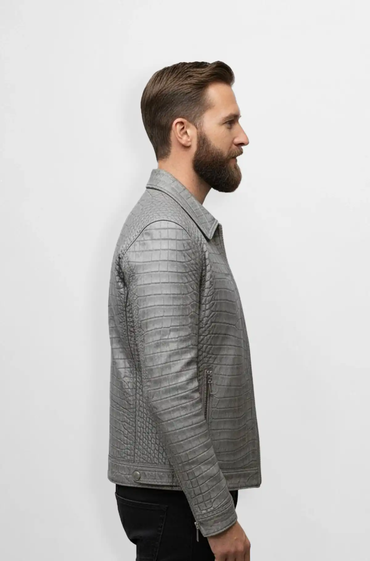 Croc Patterned Grey Leather Bomber Jacket
