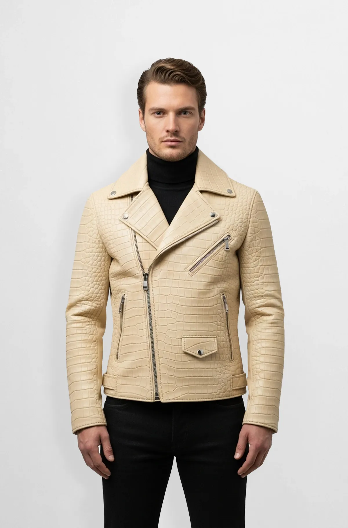 Crocodile Embossed Beige Leather Biker Jacket