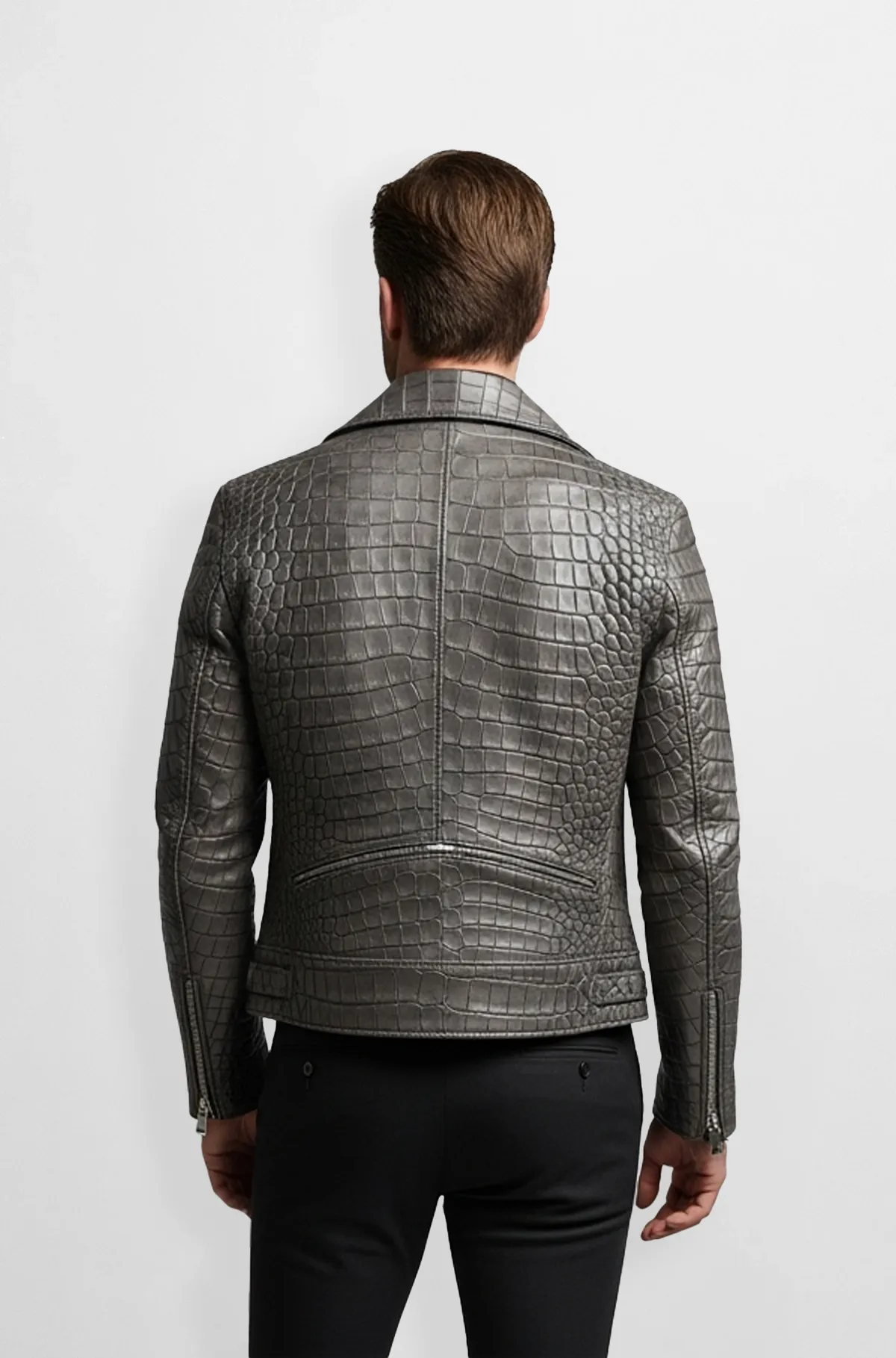 Crocodile Pattern Grey Leather Biker Jacket