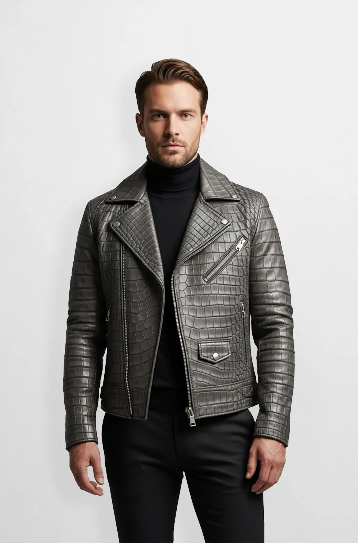 Crocodile Pattern Grey Leather Biker Jacket