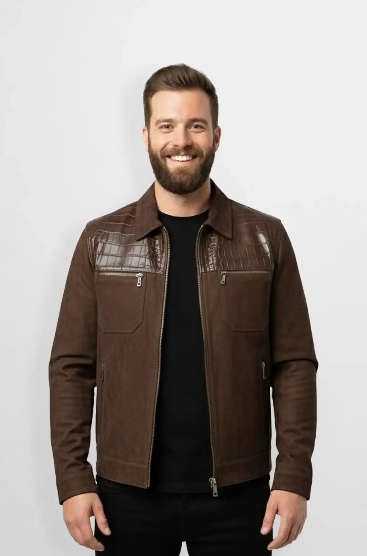 Crocodile Trim Classic Brown Suede Jacket
