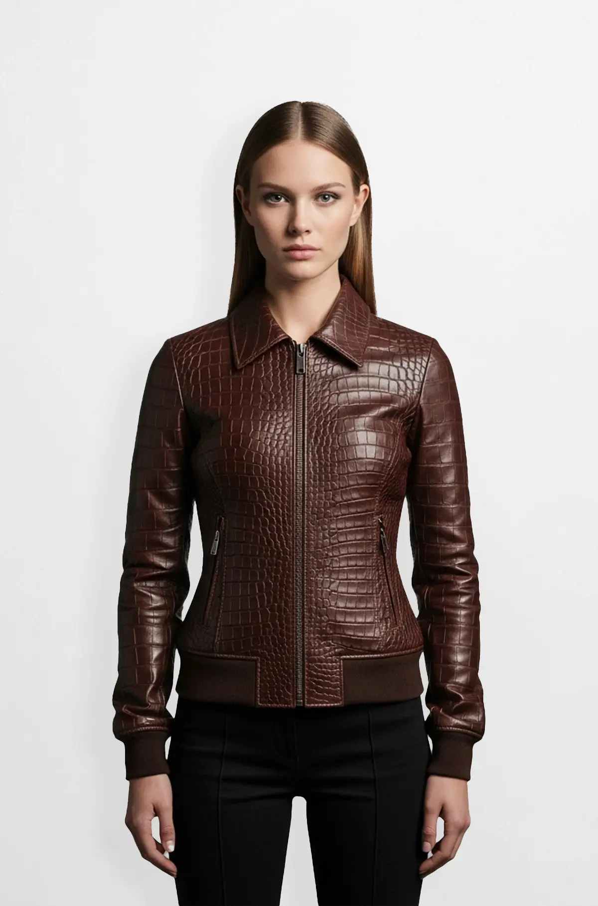 Dark Brown Crocodile Embossed Leather Bomber Jacket
