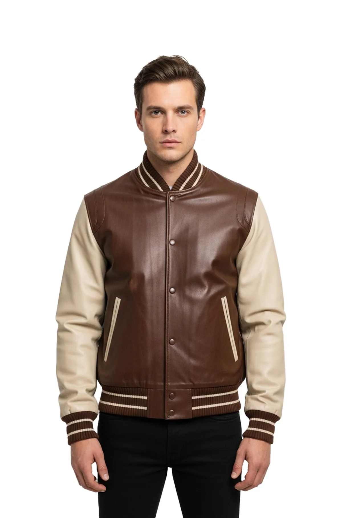 Dark Brown and Cream Leather Varsity Jacket