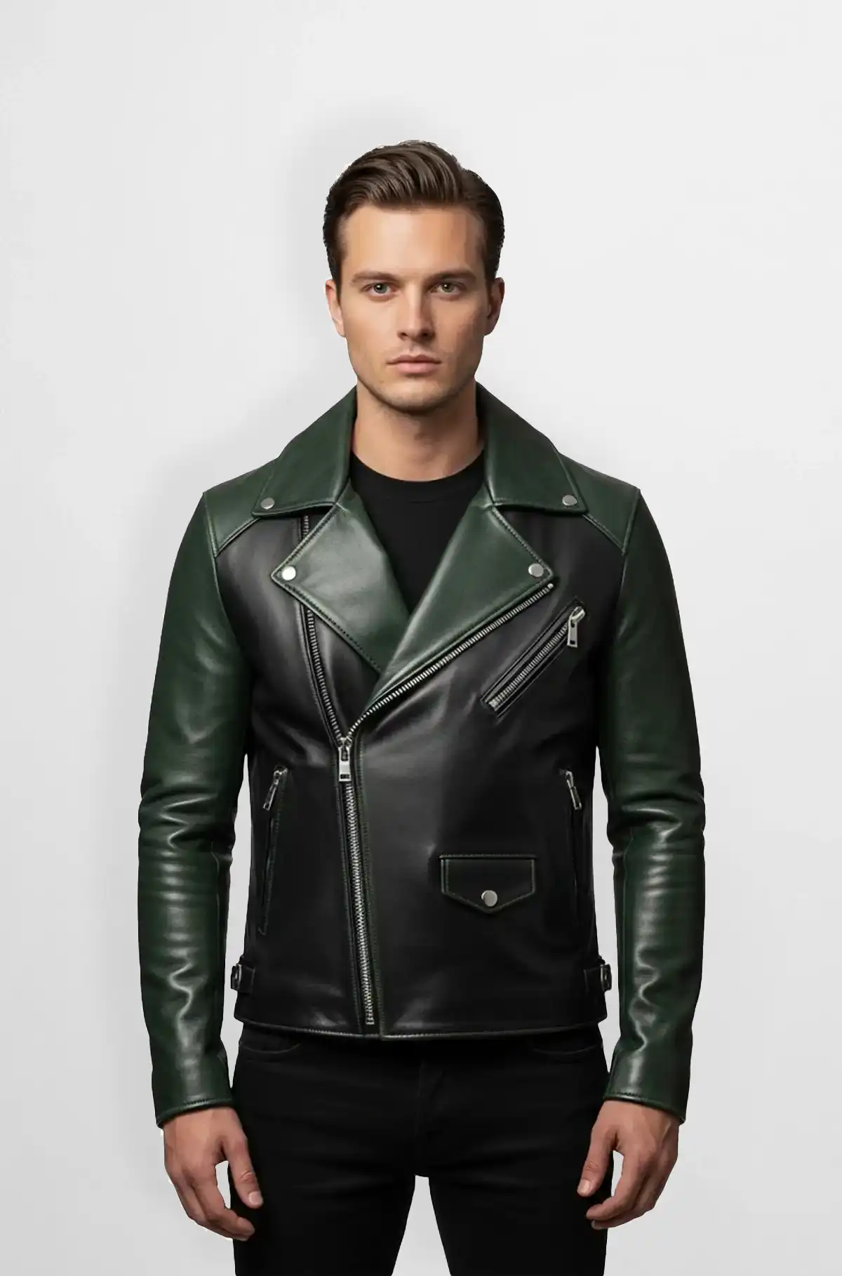 Dark Green And Black Leather Biker Jacket