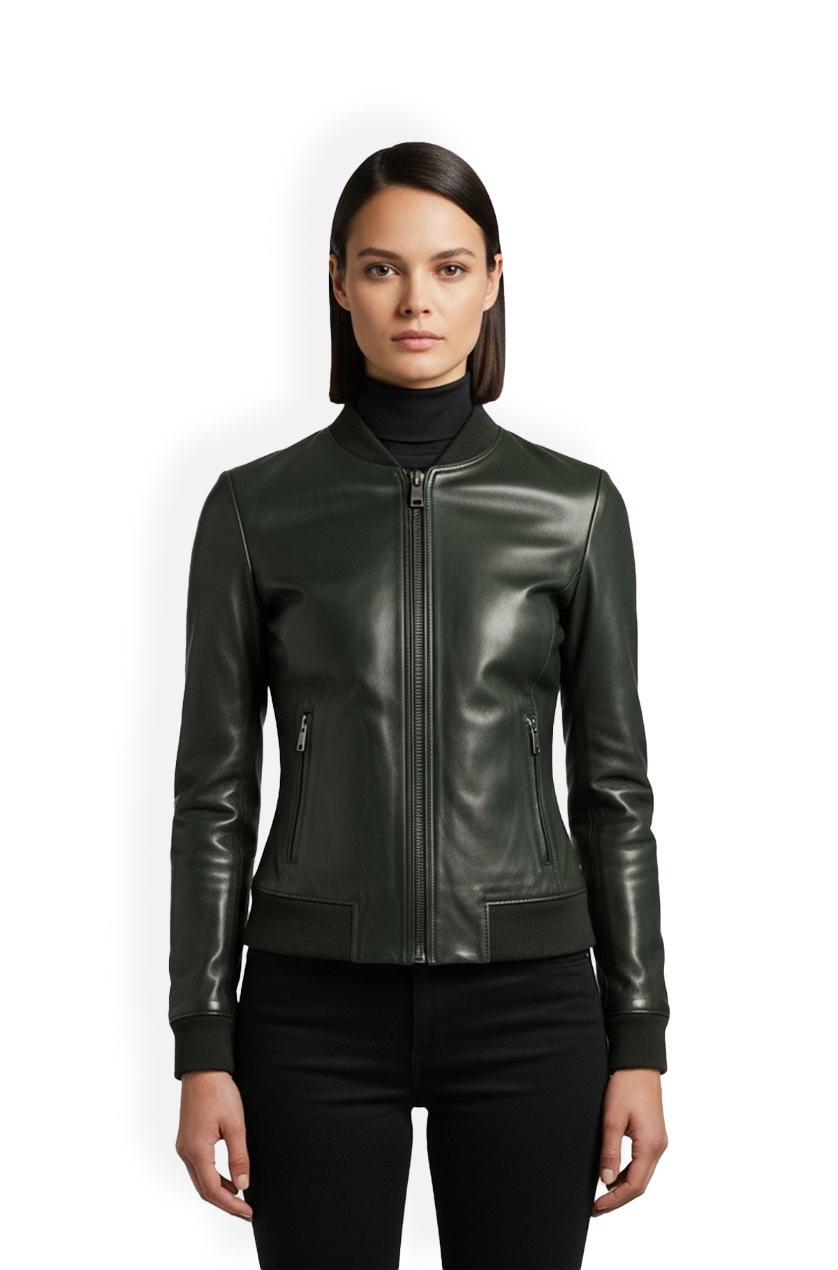 Dark Green Leather Bomber Jacket