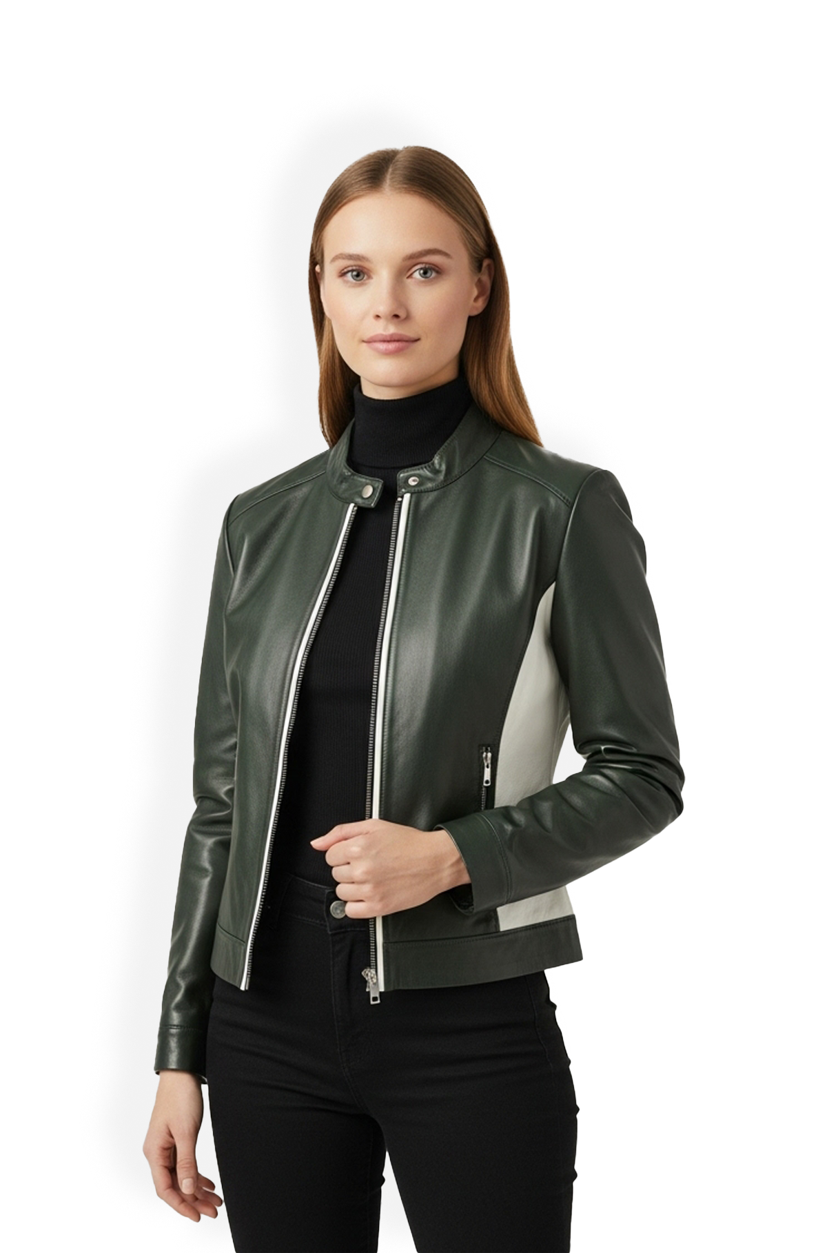 Dark Green Leather Bomber Jacket for Women