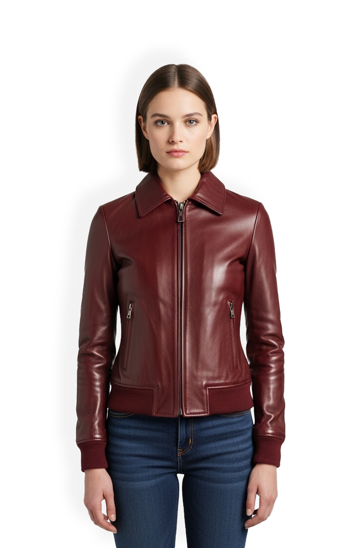 Deep Burgundy Womens Leather Bomber Jacket