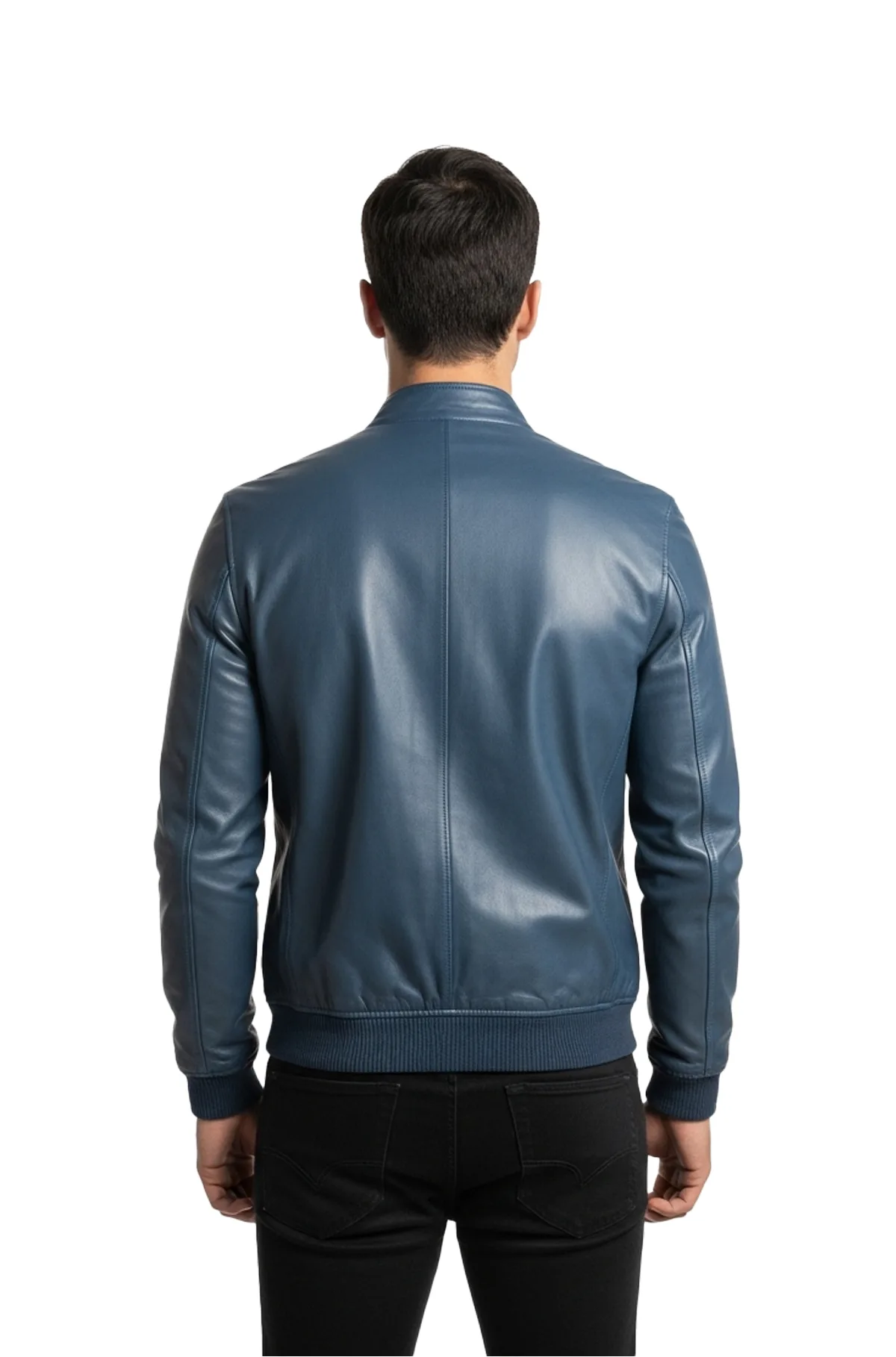 Deep Navy Blue Leather Bomber Jacket Slim Fit