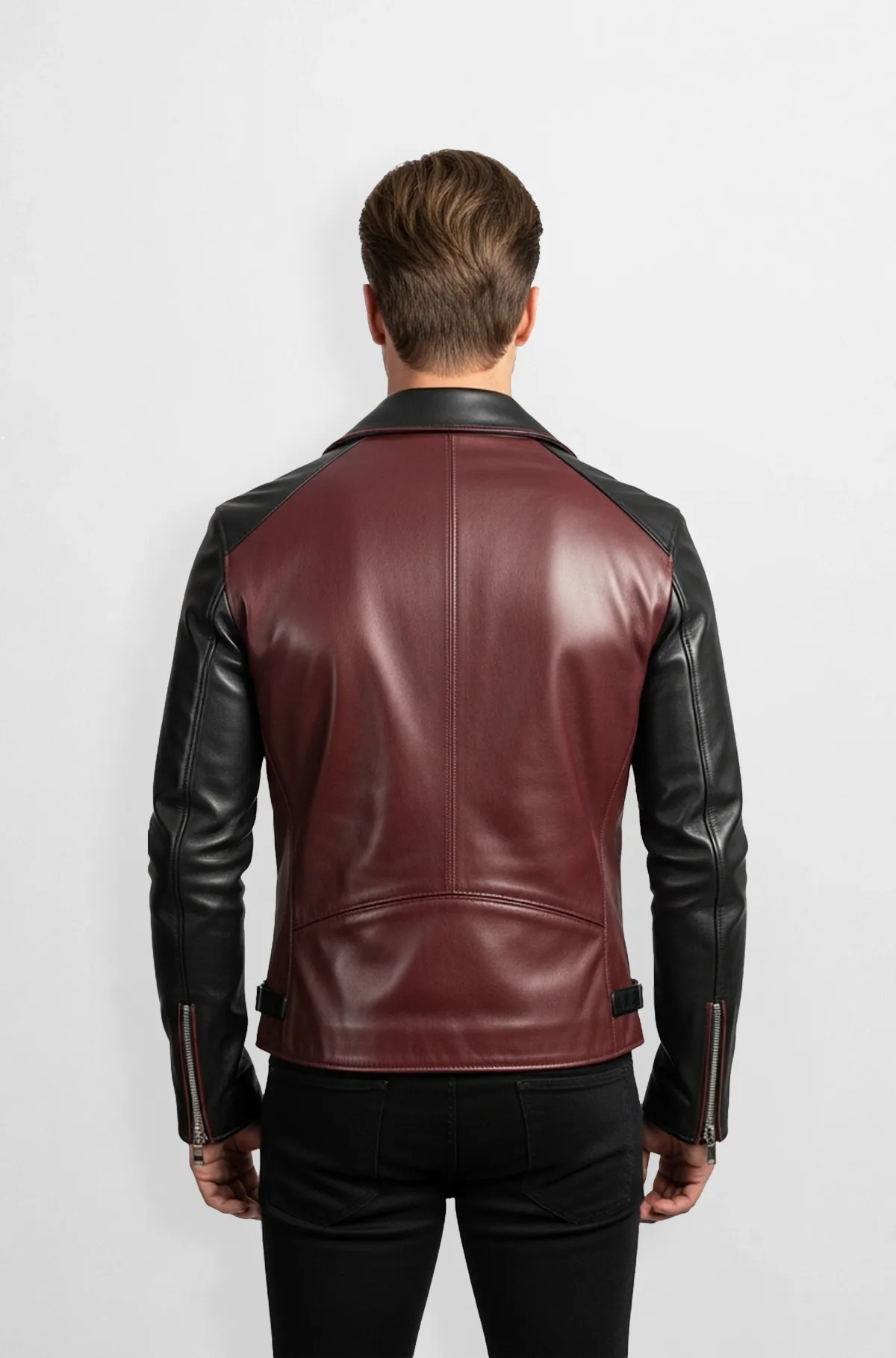 Dual Tone Maroon and Black Leather Biker Jacket