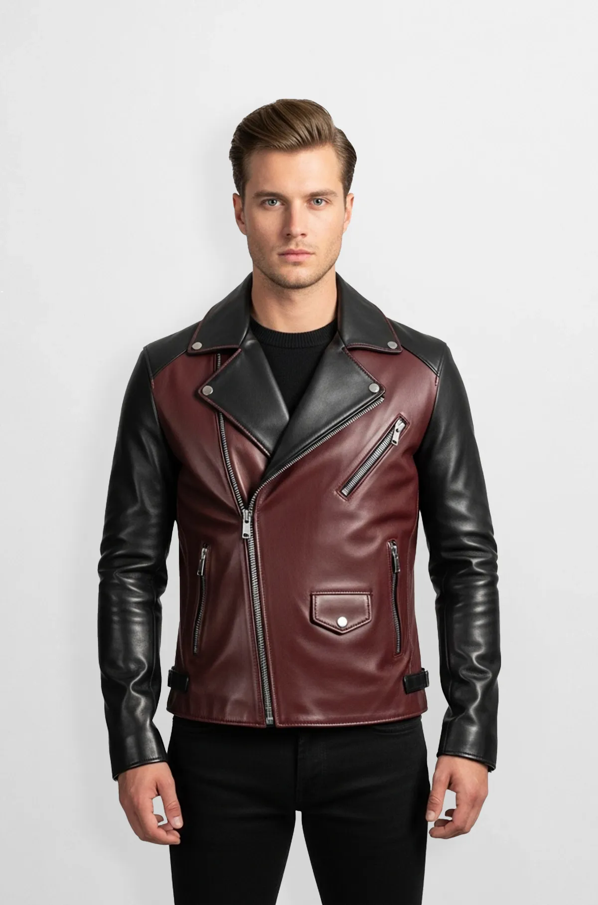 Dual Tone Maroon and Black Leather Biker Jacket