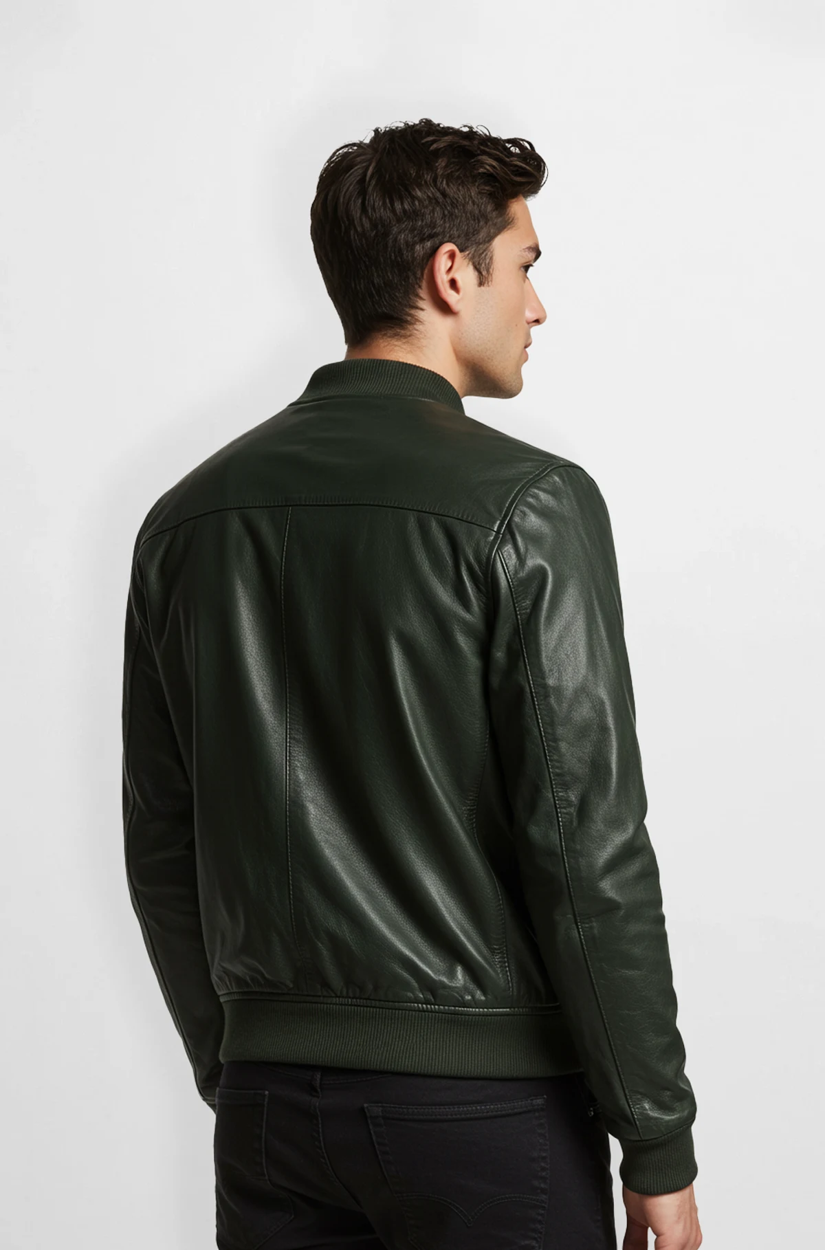 Forest Green Leather Bomber Jacket with Ribbed Hem