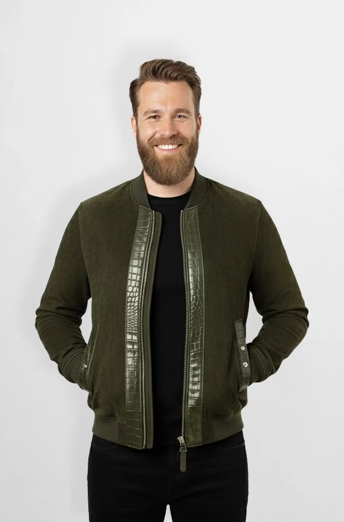 Forest Luxe Crocodile Trim Bomber Jacket
