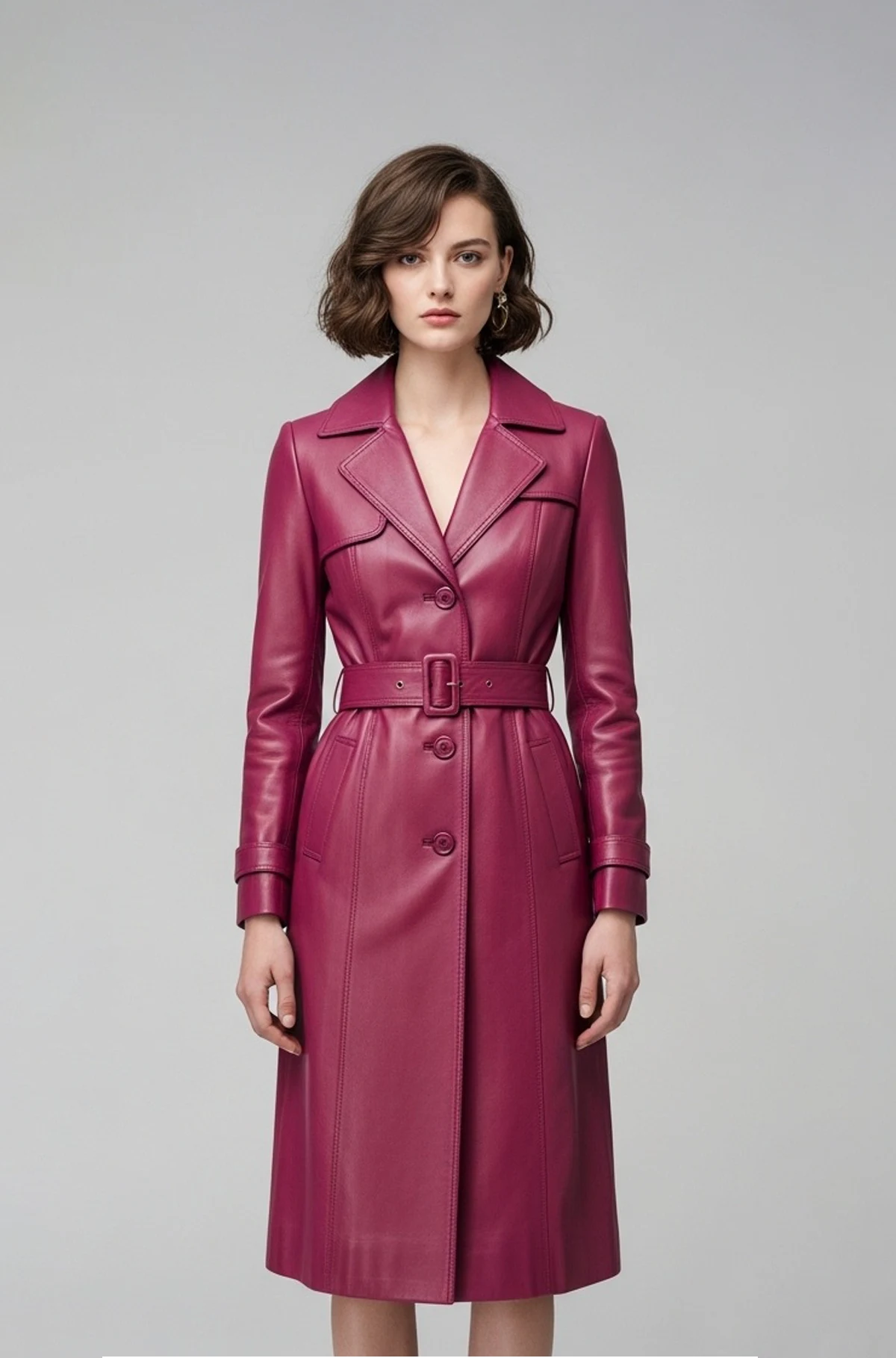 Fuchsia Pink Leather Trench Coat