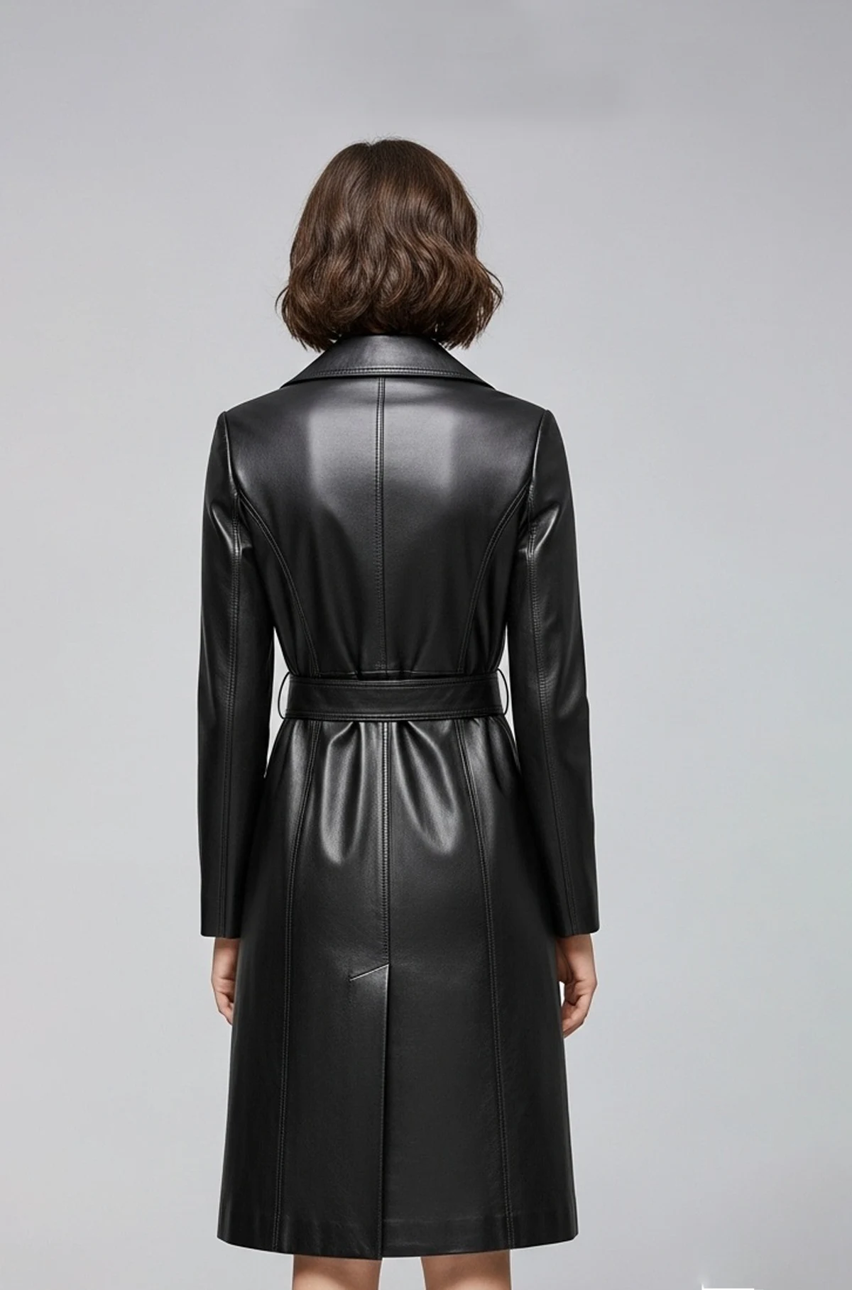 Women Genuine Black Leather Trench Coat