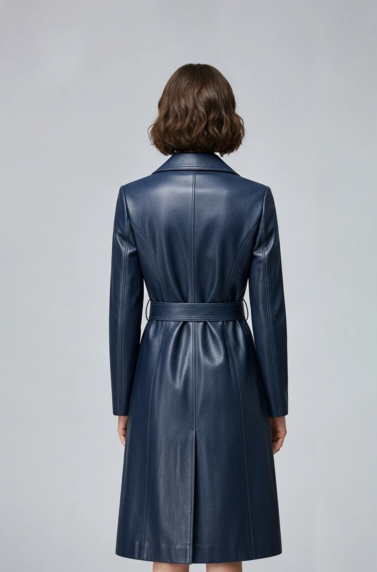 Genuine Dark Navy Leather Trench Coat