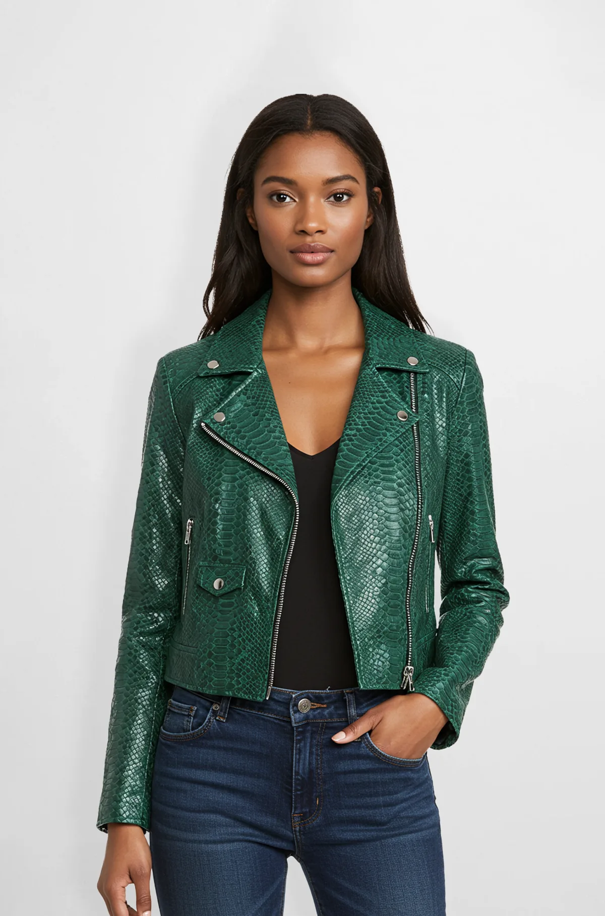 Green Snakeskin Leather Biker Jacket for Women