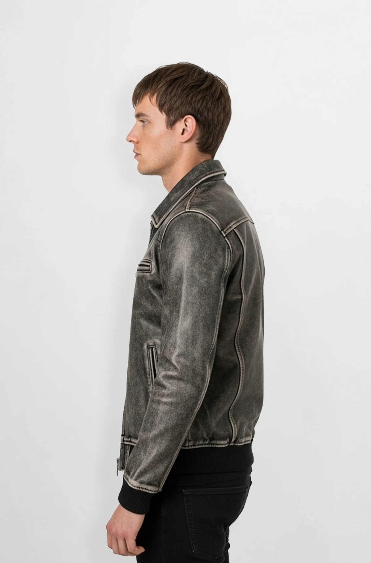 Grey Vintage Black Distressed Leather Jacket