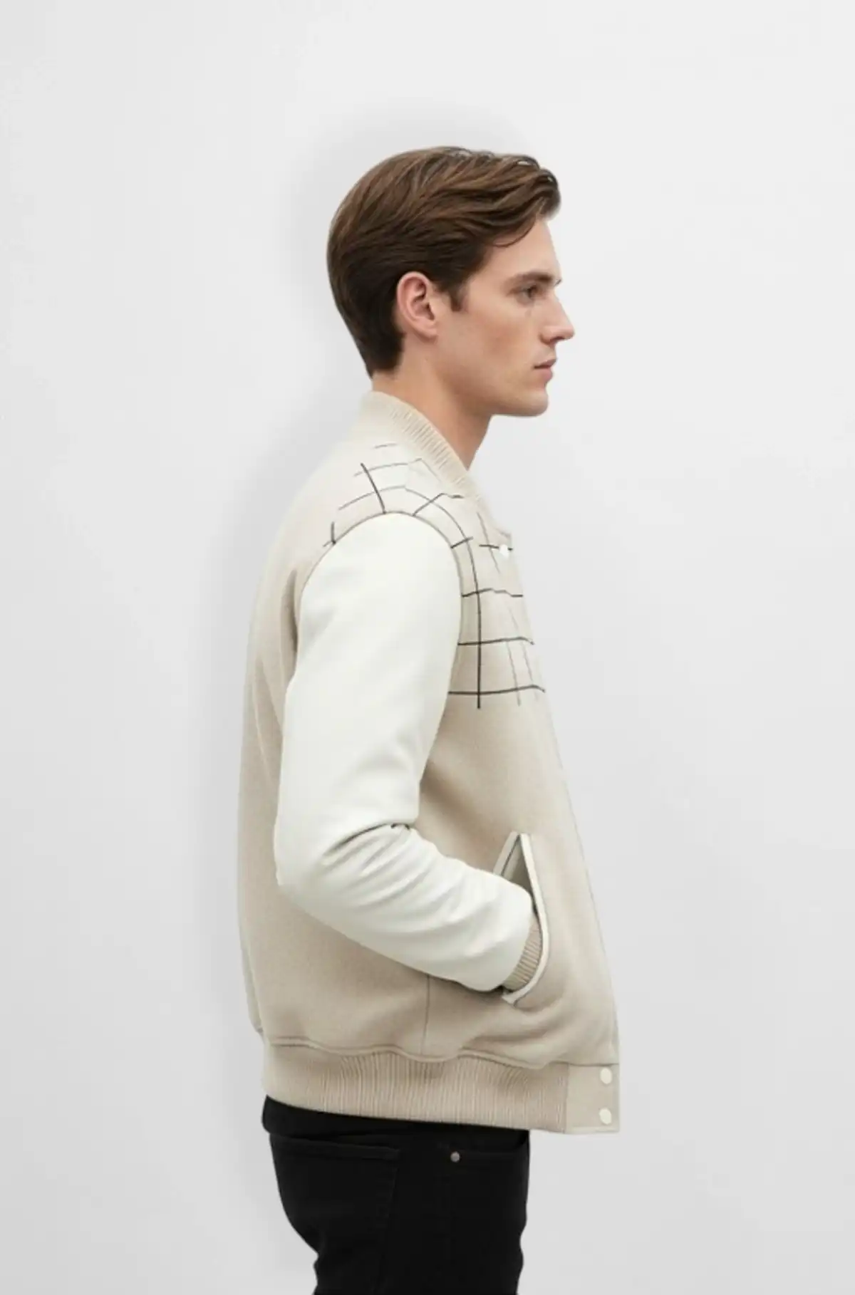 Grid Form Cream Varsity Leather Jacket