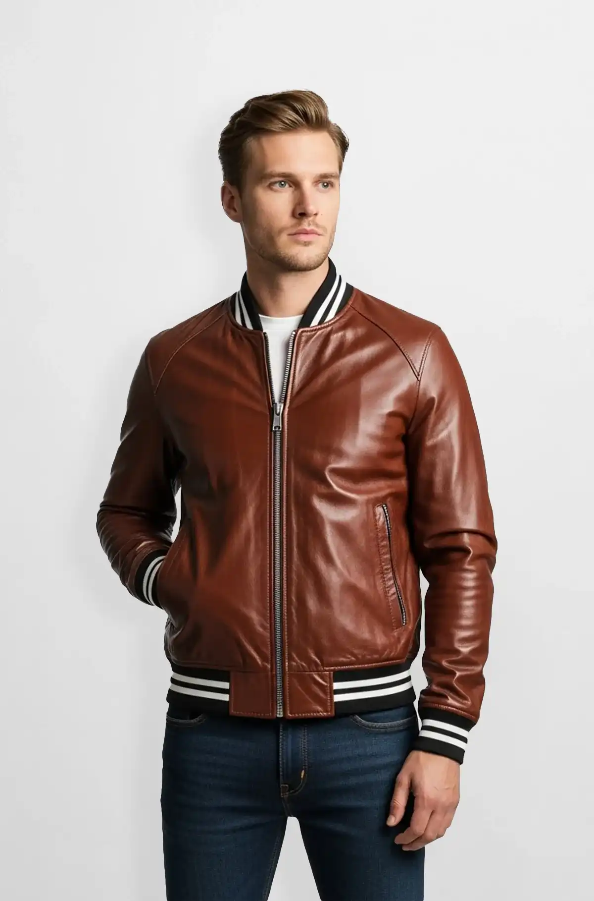 Hard Wood Brown Varsity Leather Bomber Jacket