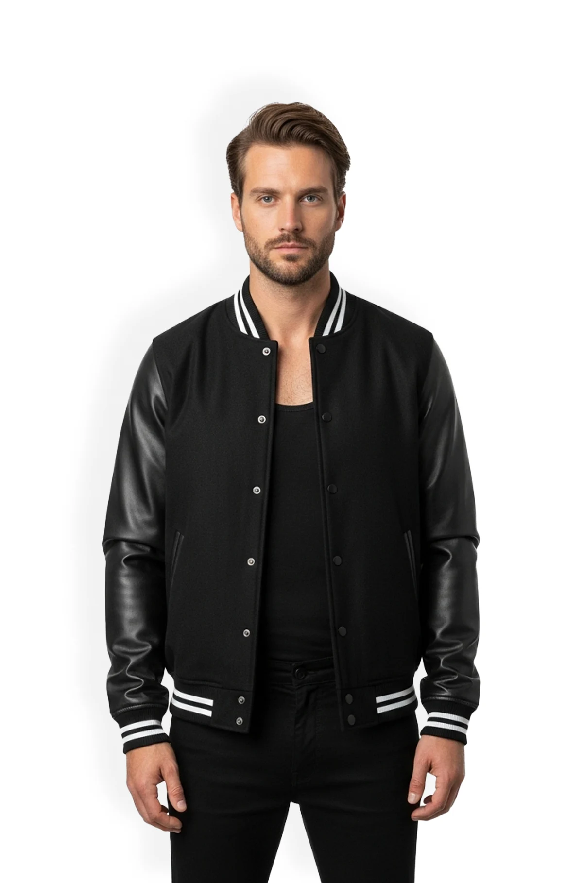 Ink Black Leather Varsity Jacket