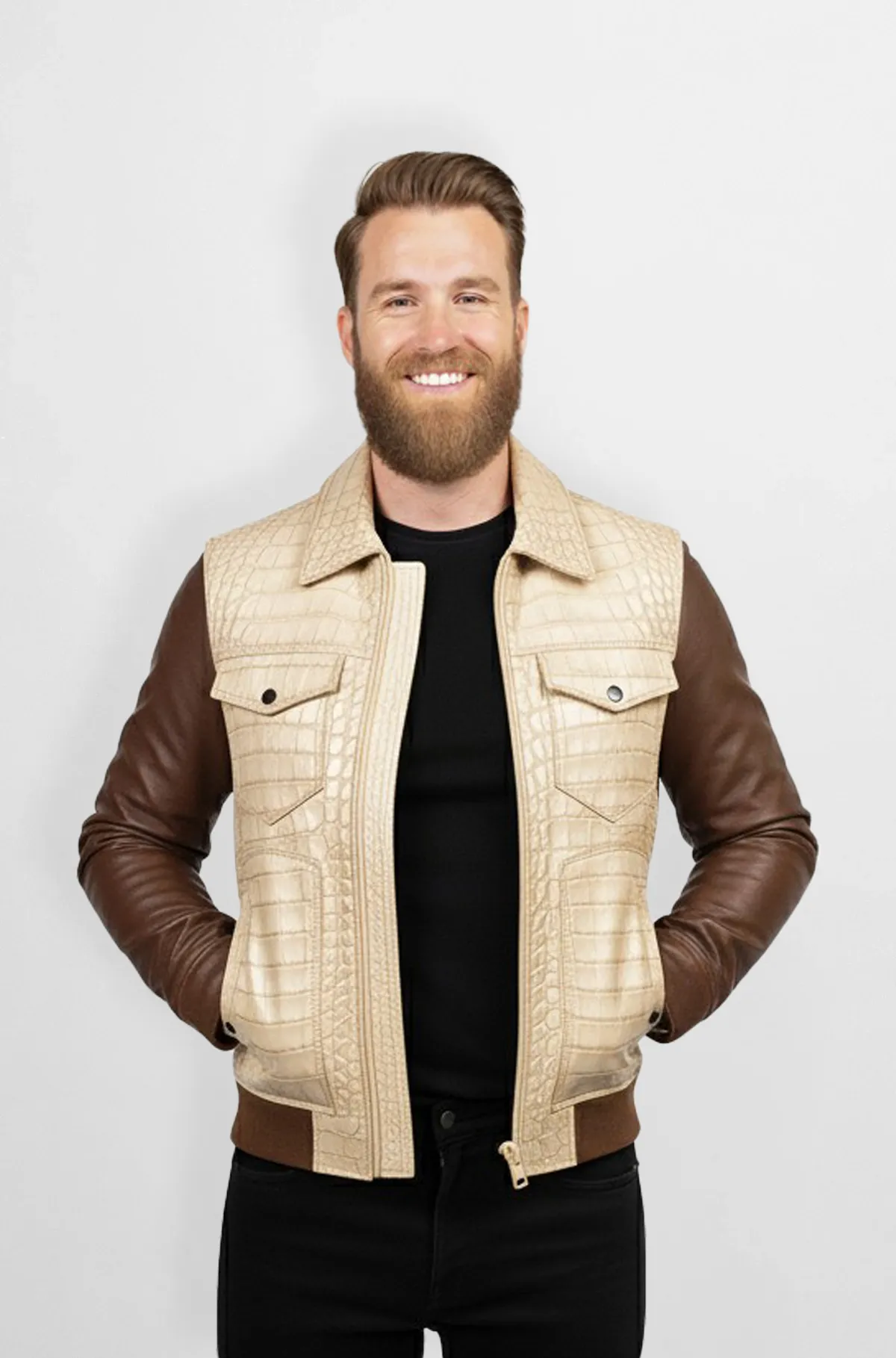 Ivory Crocodile with Chestnut Brown sleeves Leather Jacket