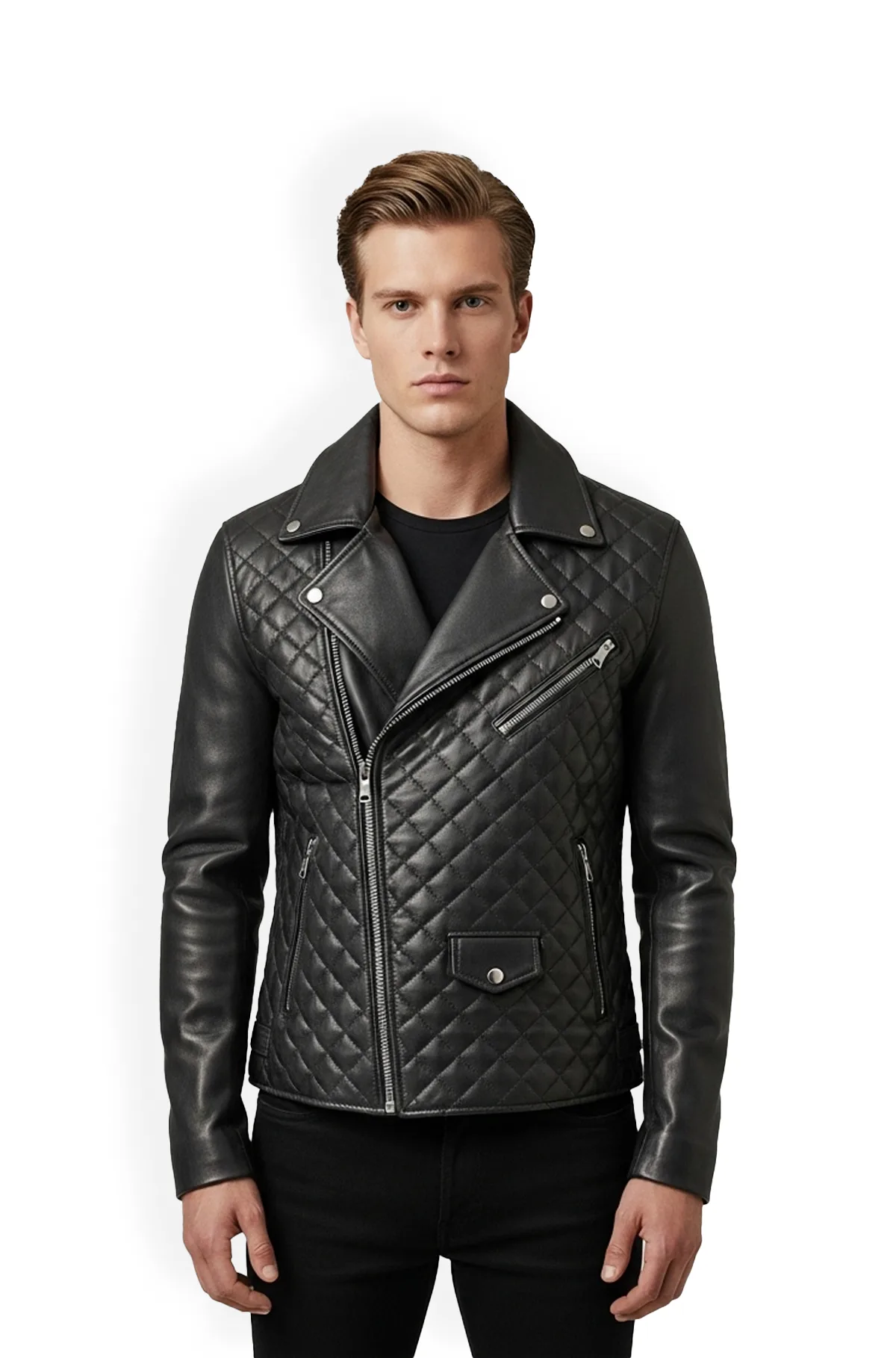 Jet Black Quilted Leather Biker Jacket
