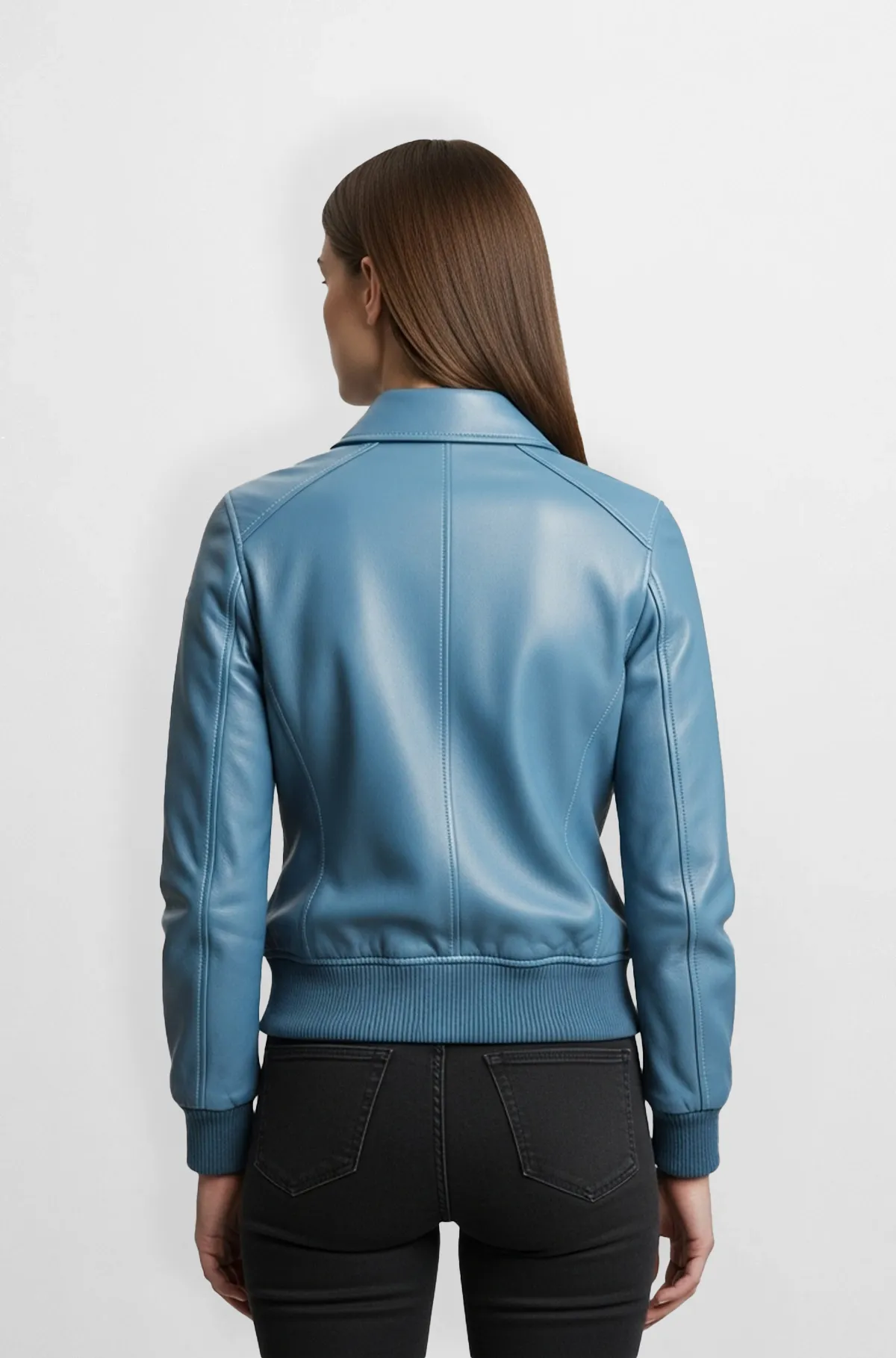 Light Blue Leather Bomber Jacket with Gold Zipper