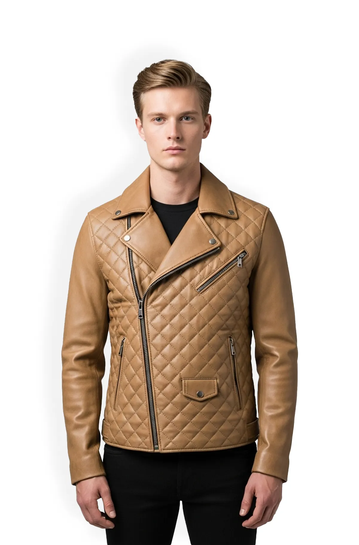 Light Brown Quilted Leather Biker Jacket