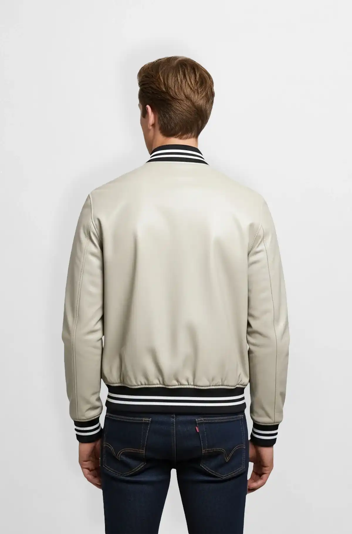 Light Grey Varsity Bomber Leather Jacket 