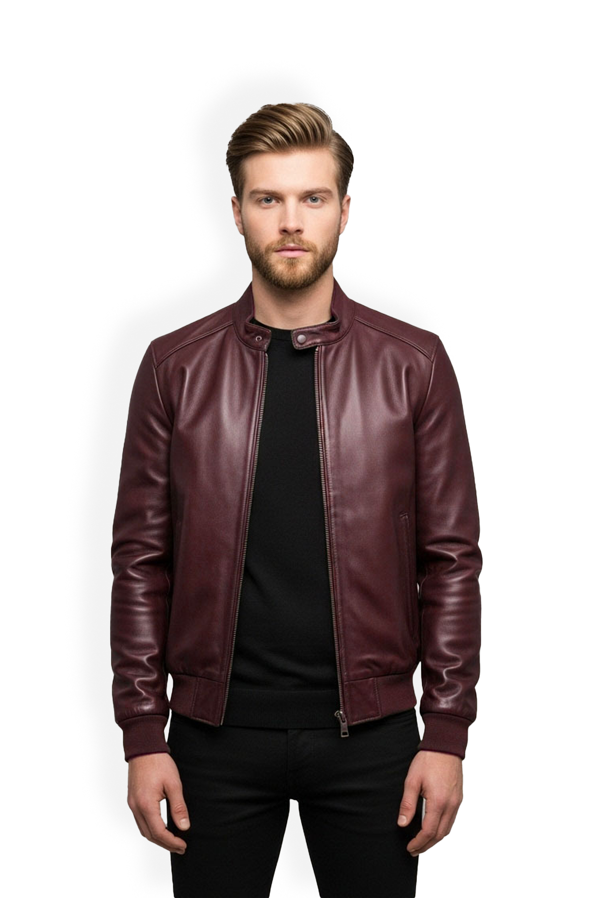 Lux Style Mens Burgundy Leather Bomber Jacket