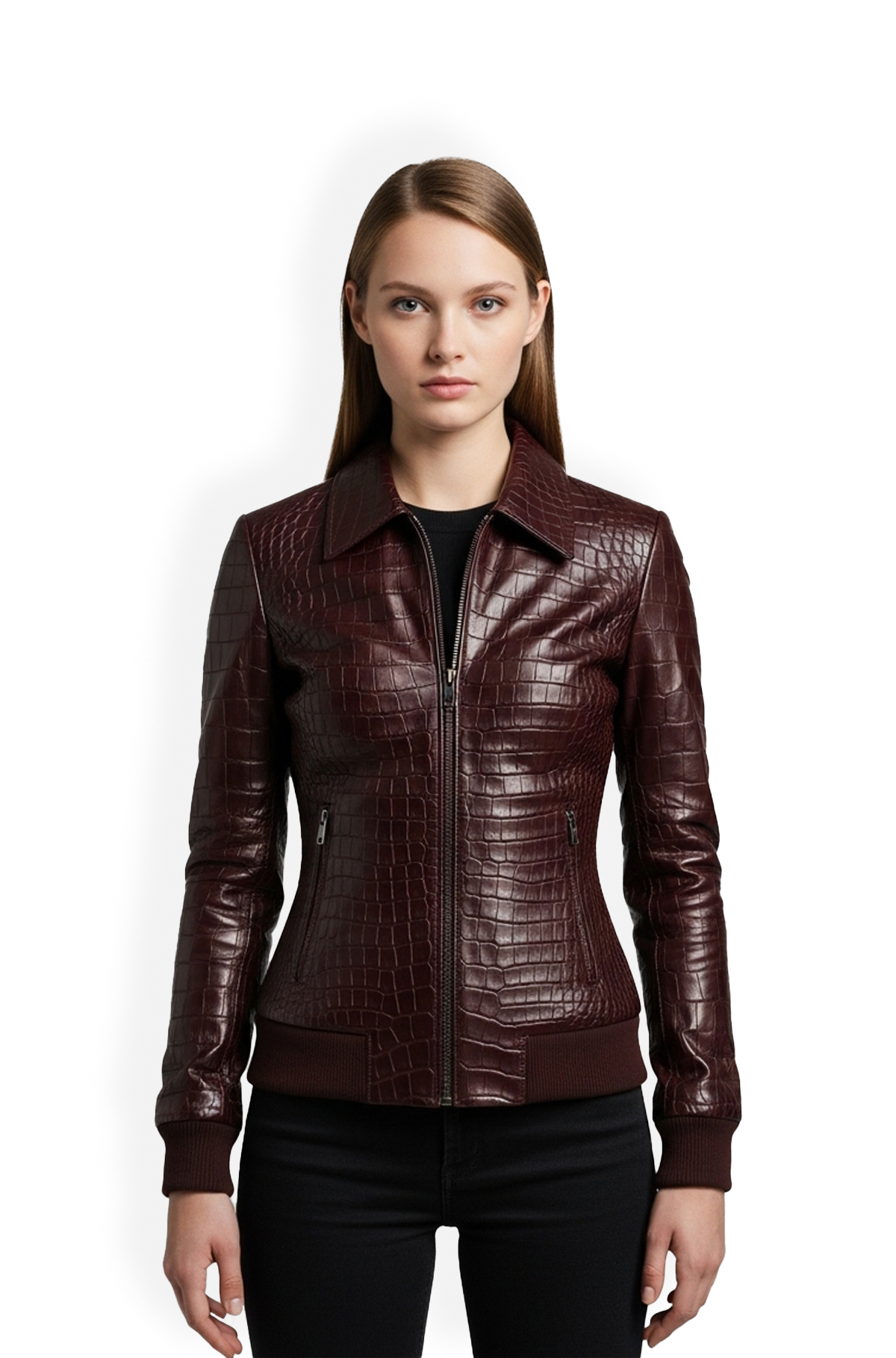 Luxe Maroon Croco Bomber Leather Jacket